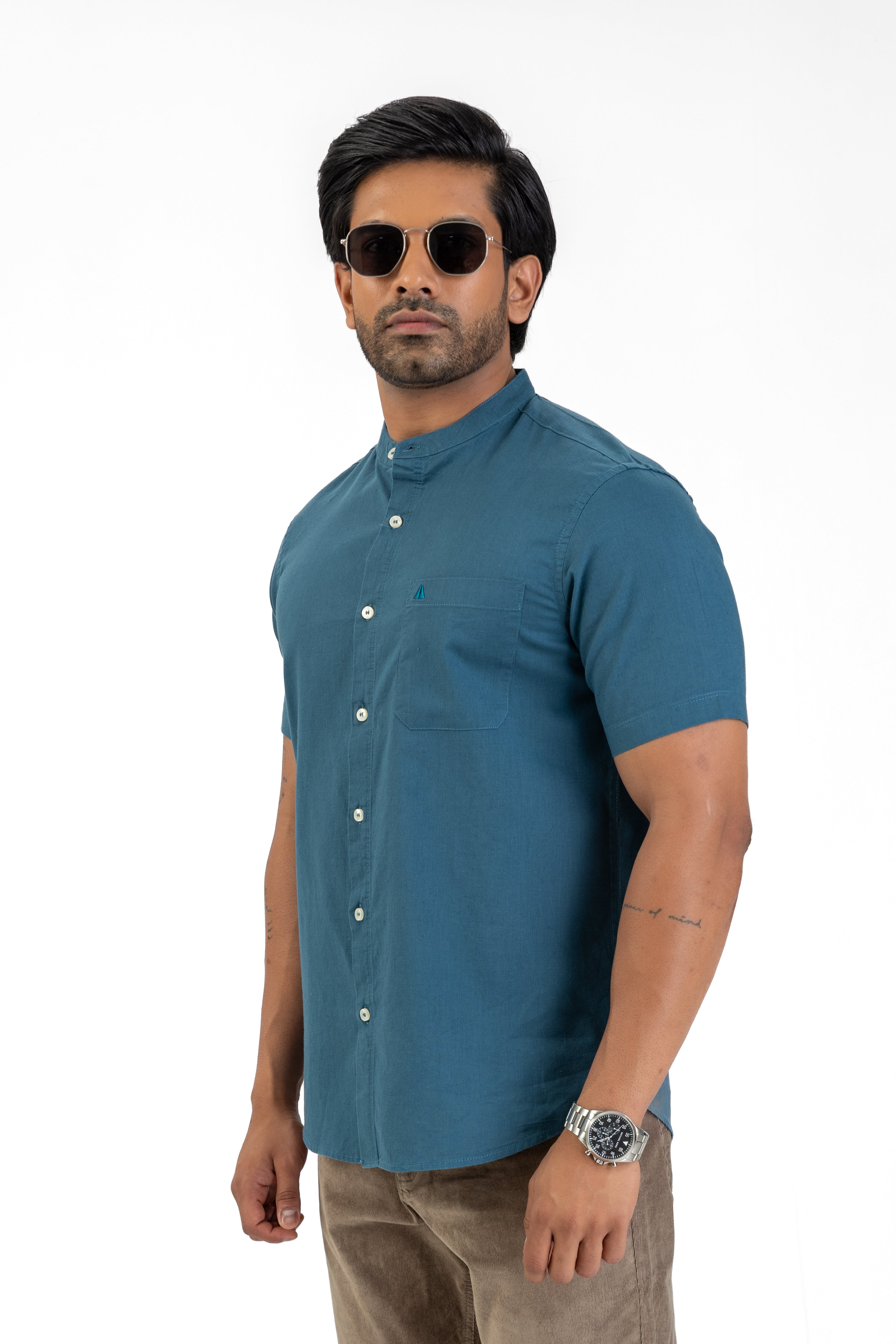 Chinese Collar Short Sleeve Shirt – Royal Blue