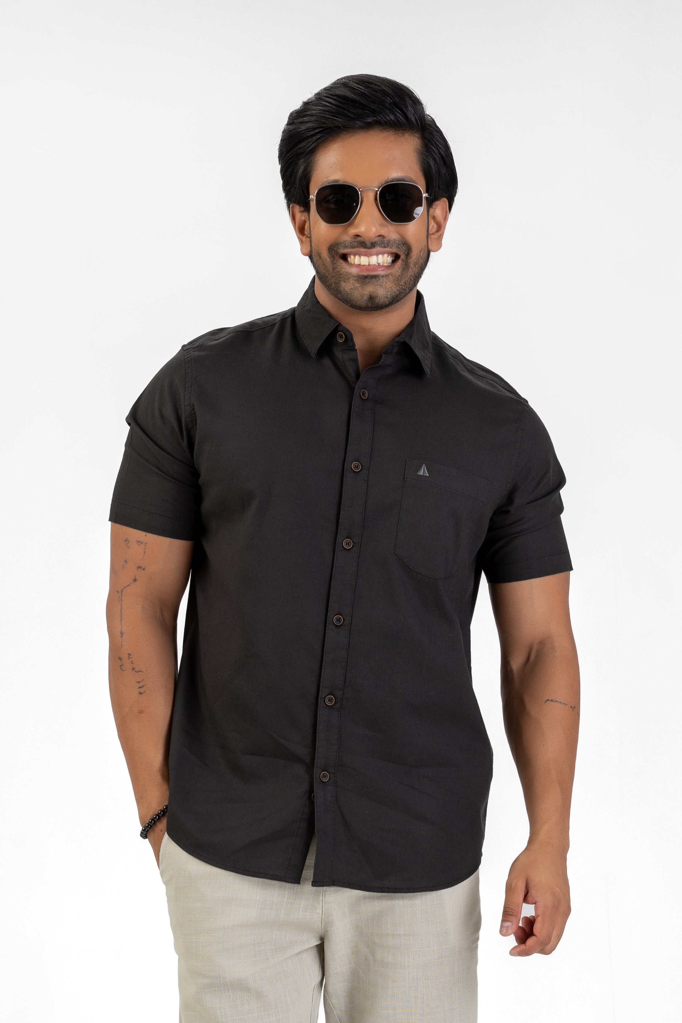 Short Sleeve Linen Cotton Shirt – Black