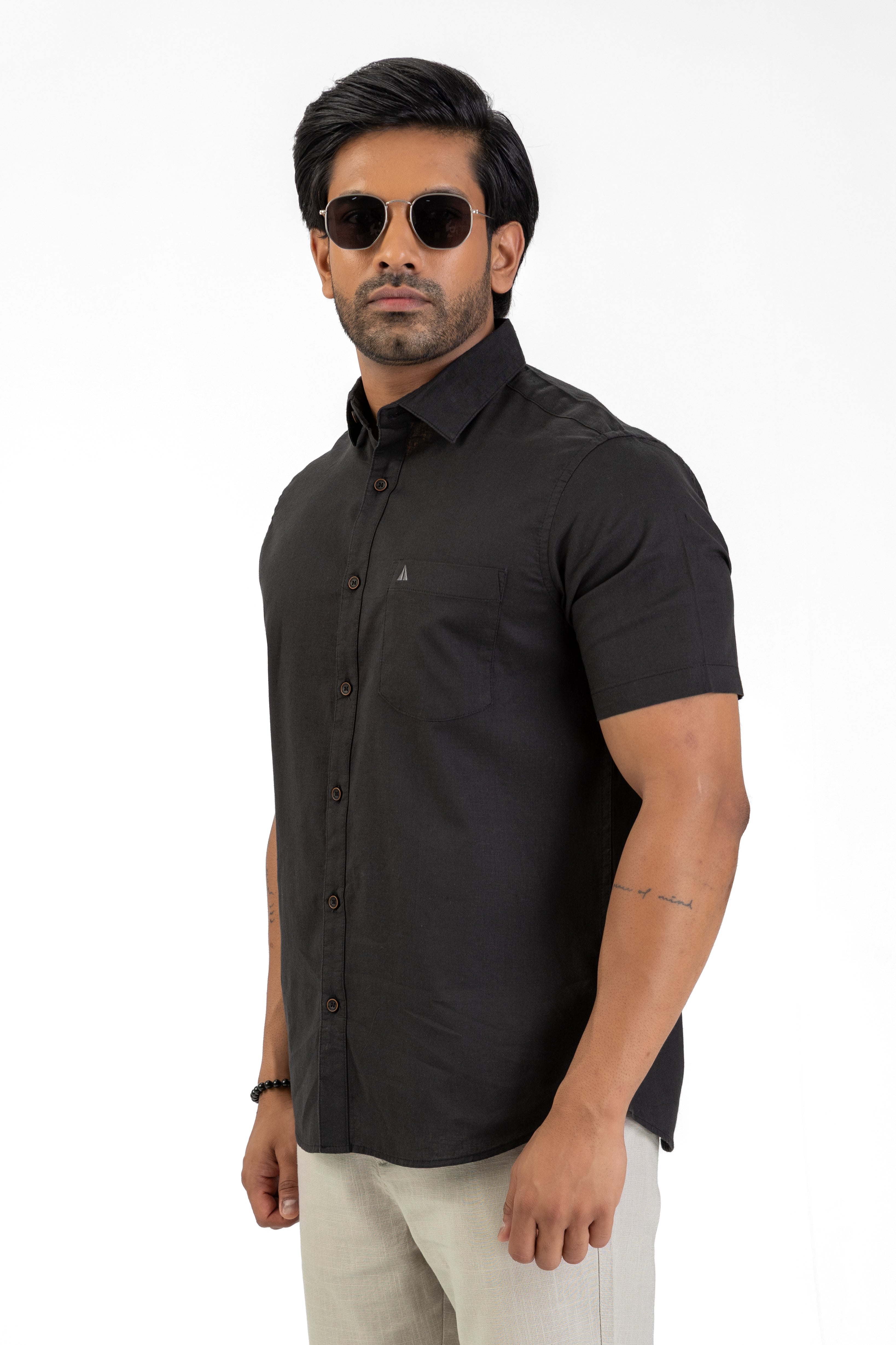 Short Sleeve Linen Cotton Shirt – Black