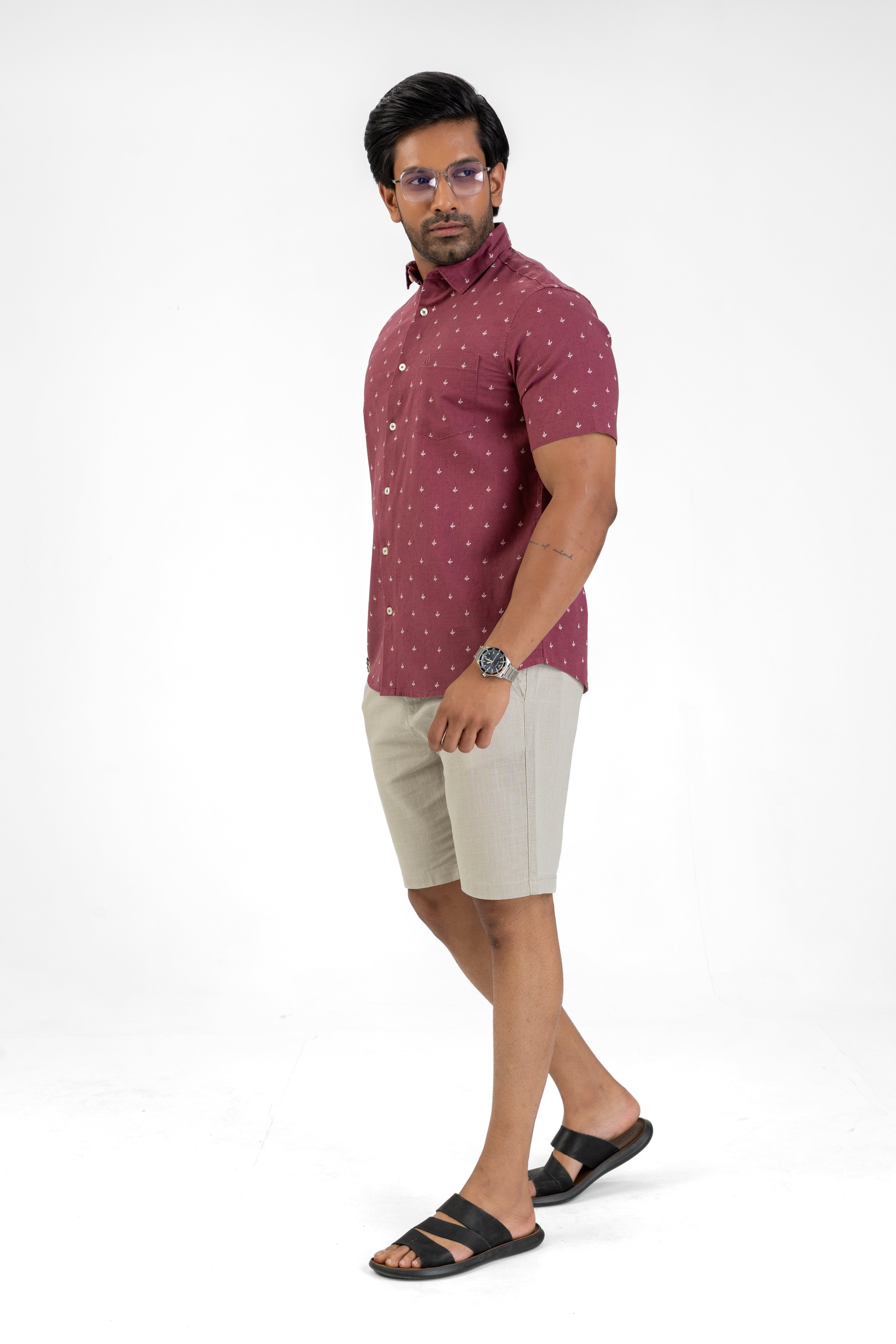 Linen Cotton Printed Short Sleeve Shirt – Maroon