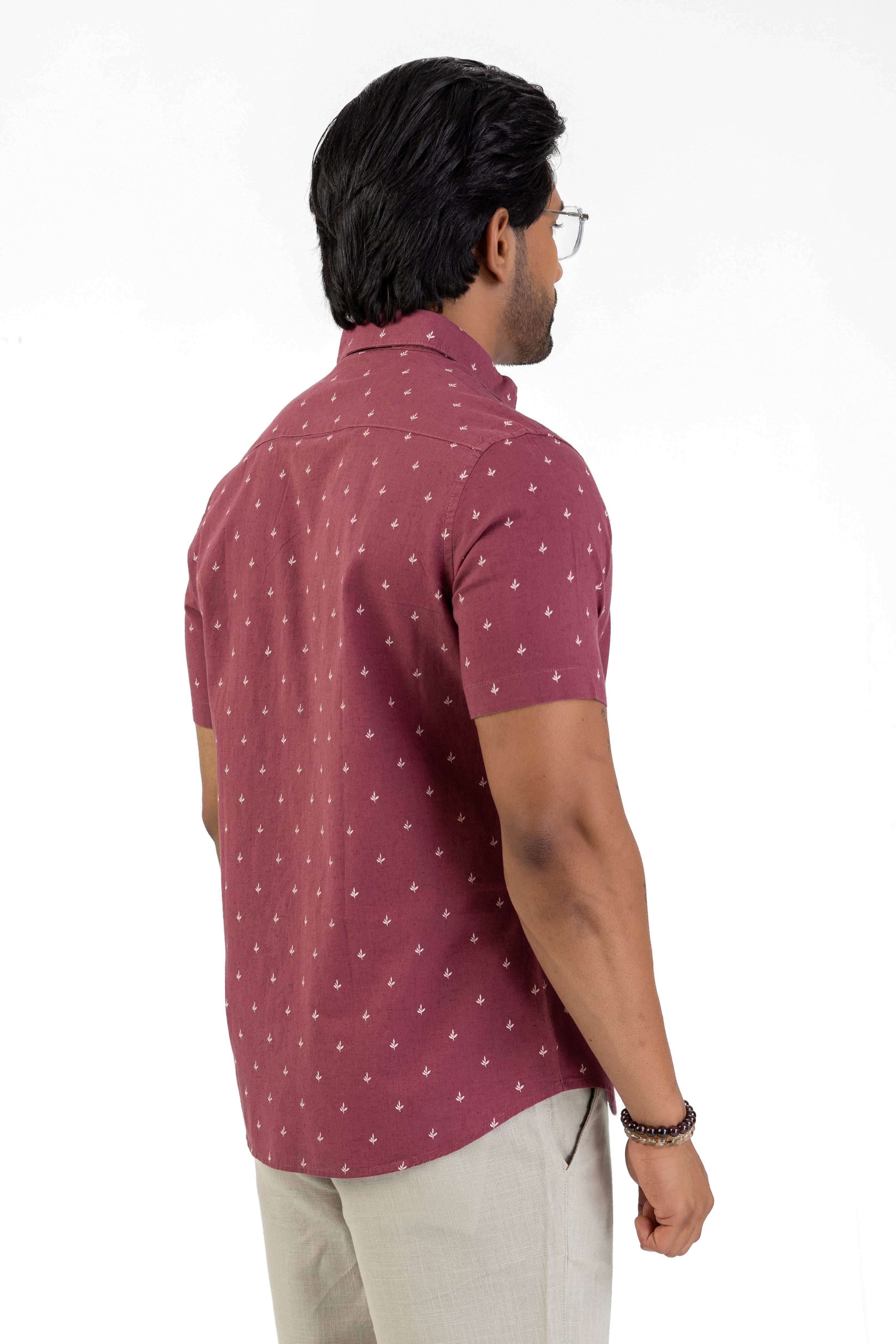 Linen Cotton Printed Short Sleeve Shirt – Maroon