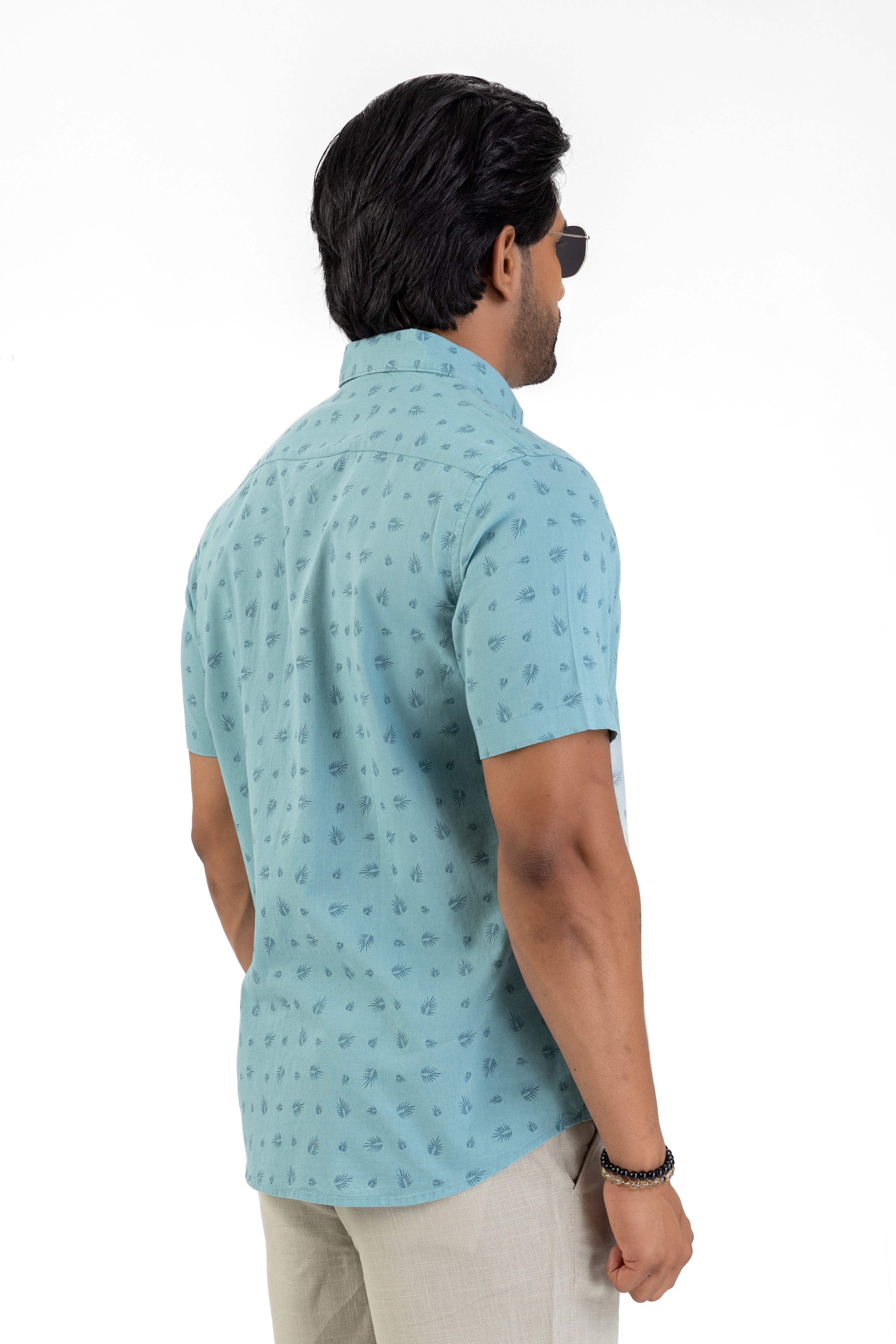 Linen Cotton Printed Short Sleeve Shirt – Pale Blue