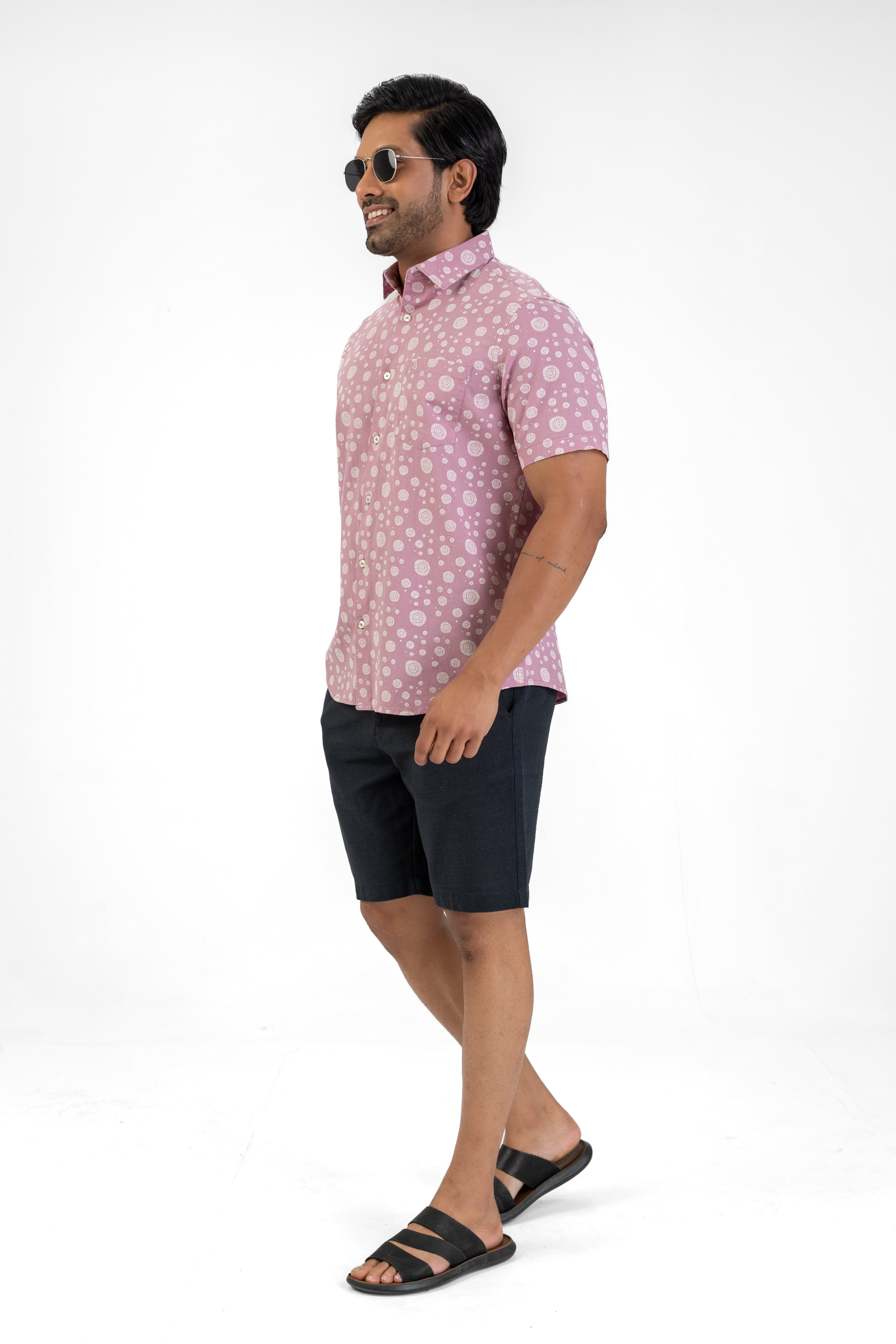 Linen Cotton Printed Short Sleeve Shirt – Pink