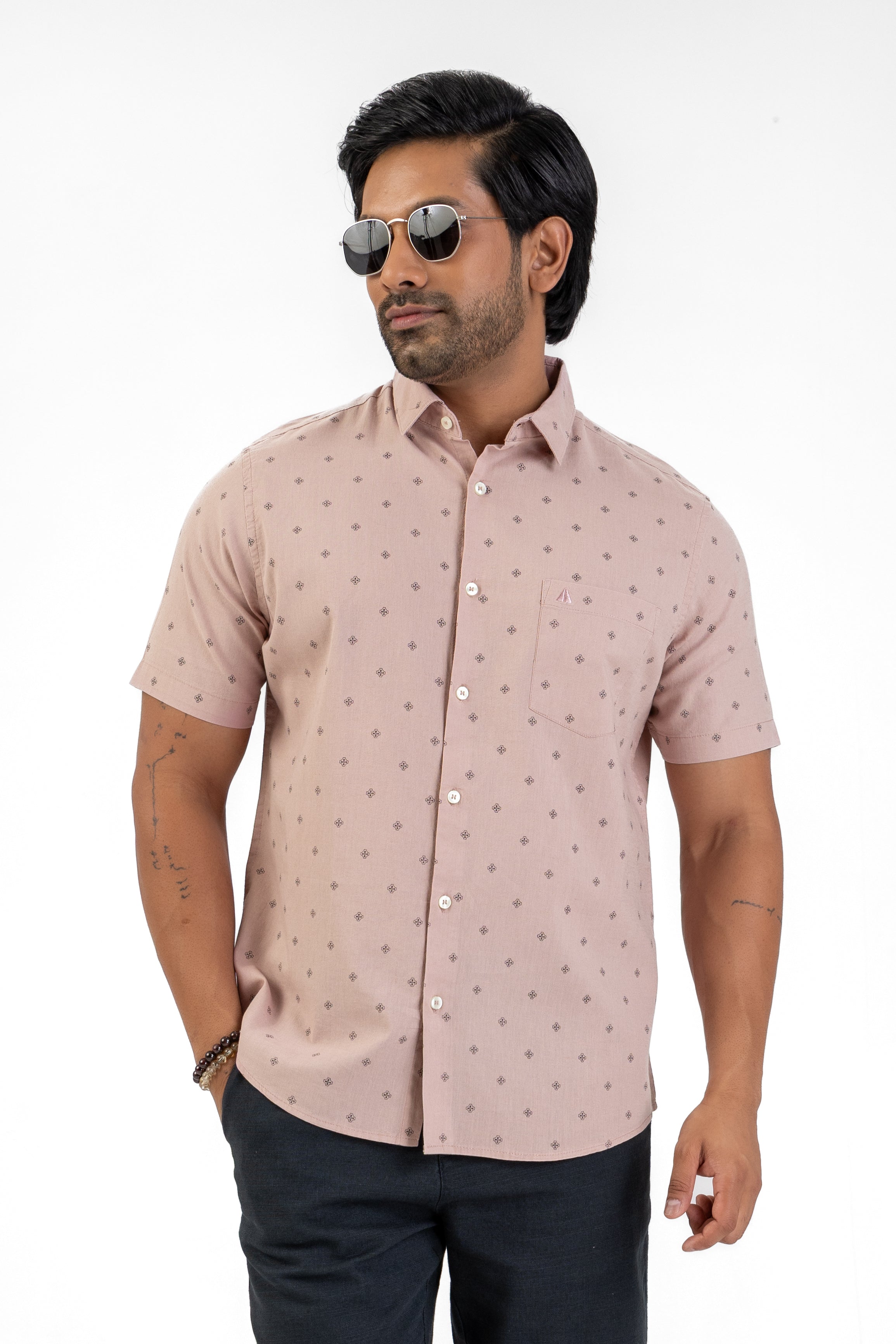 Linen Cotton Printed Short Sleeve Shirt – Peach