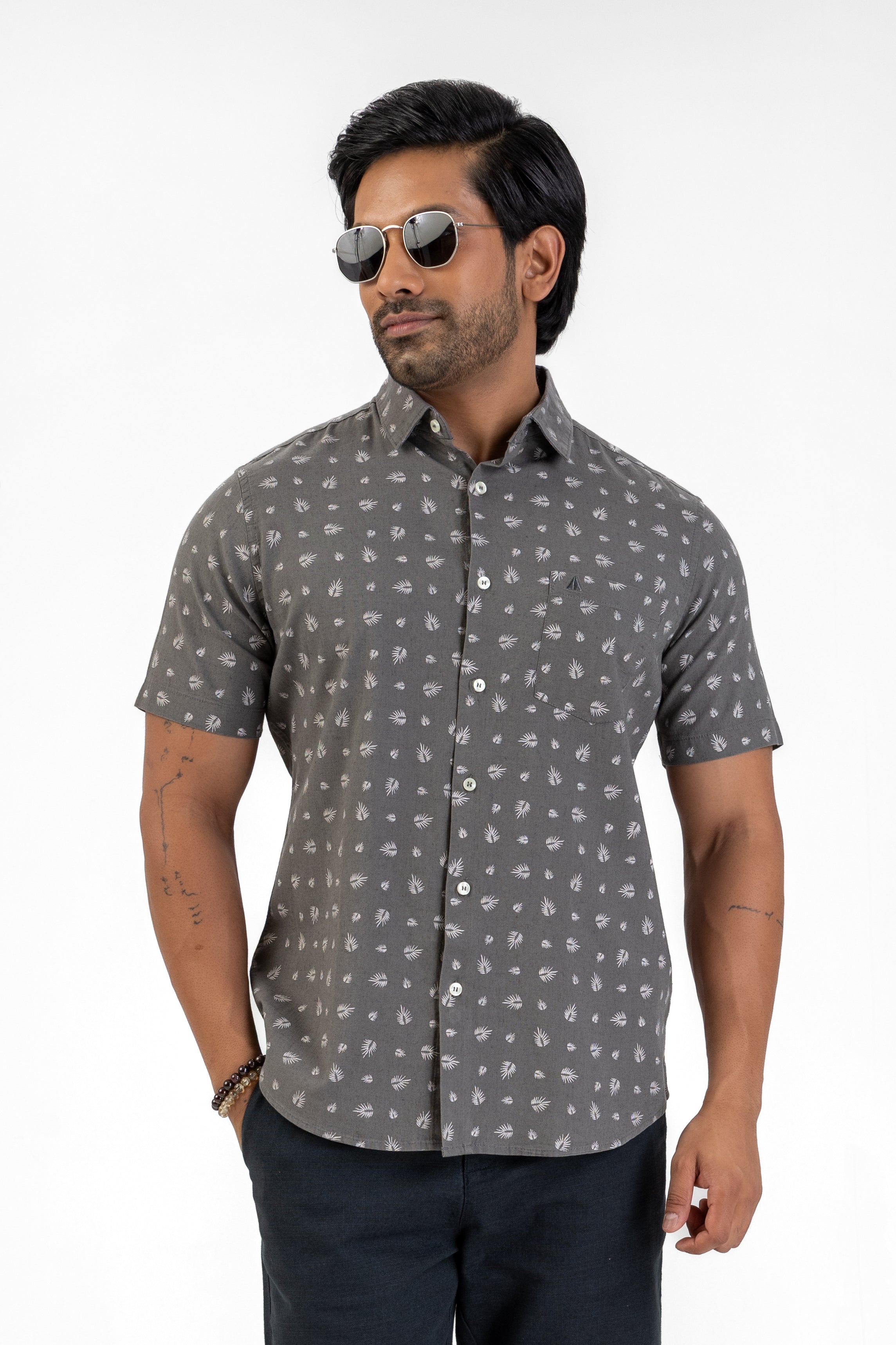 Linen Cotton Printed Short Sleeve Shirt – Charcoal