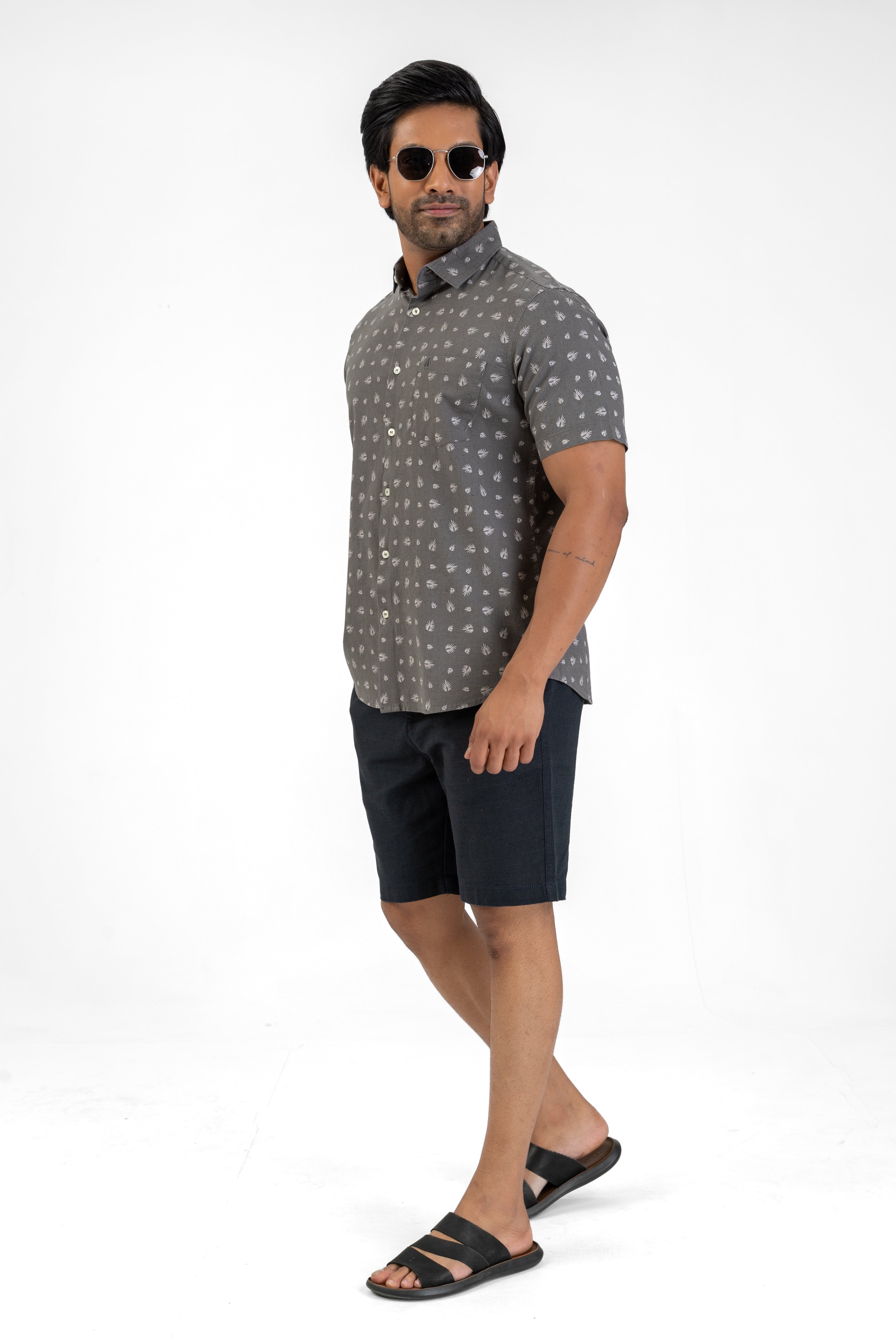 Linen Cotton Printed Short Sleeve Shirt – Charcoal
