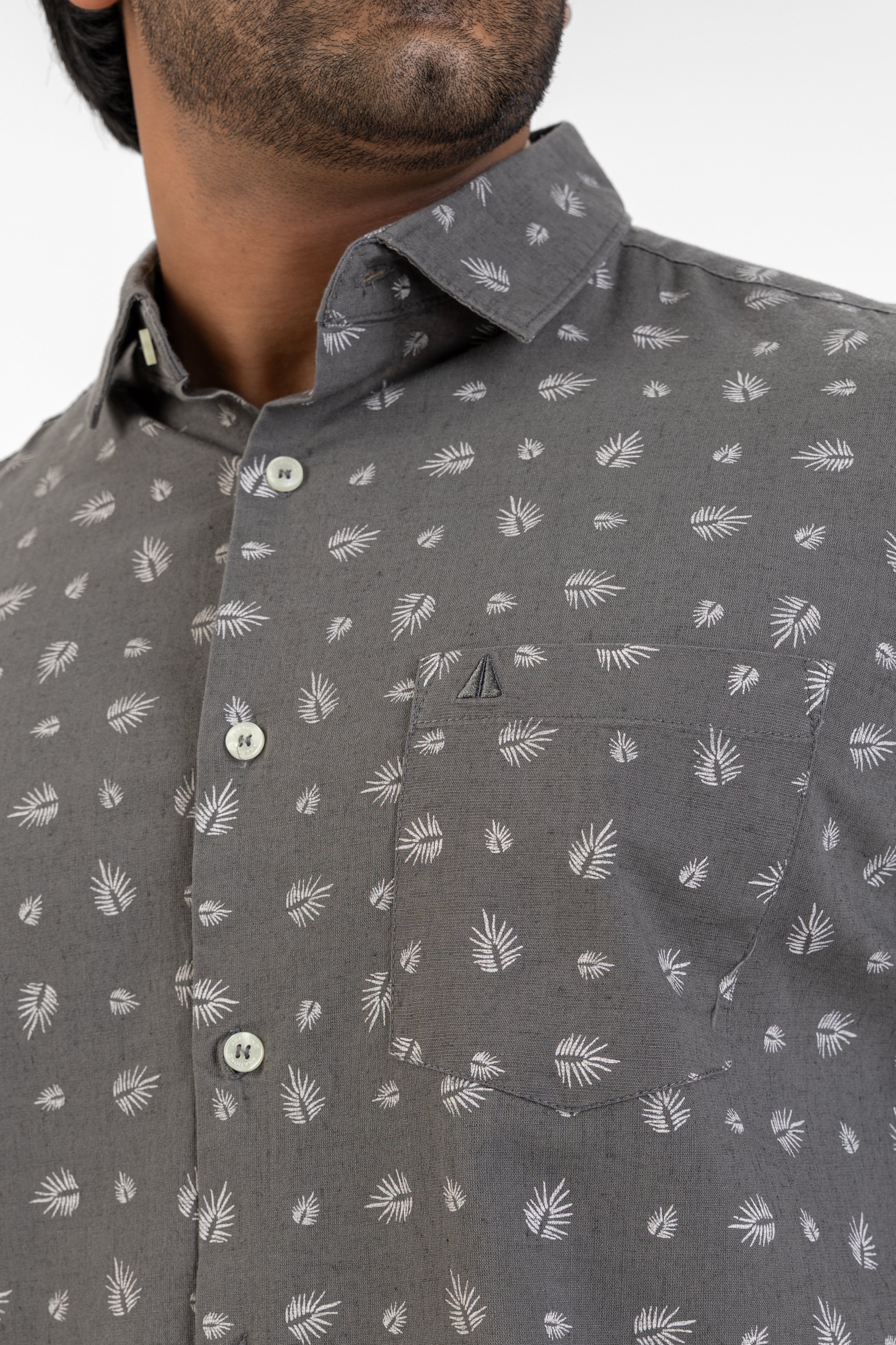 Linen Cotton Printed Short Sleeve Shirt – Charcoal