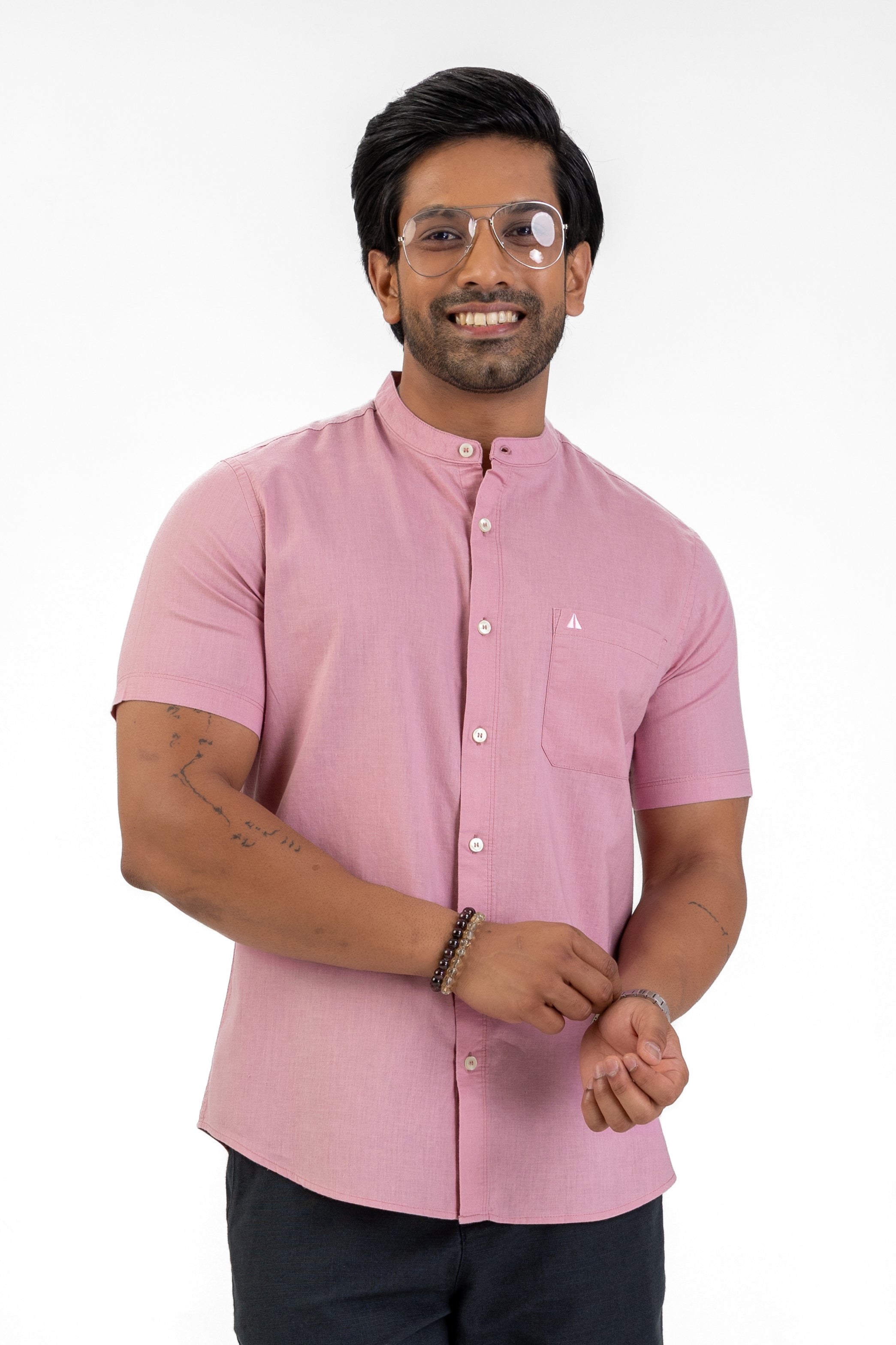 Chinese Collar Short Sleeve Shirt – Pink
