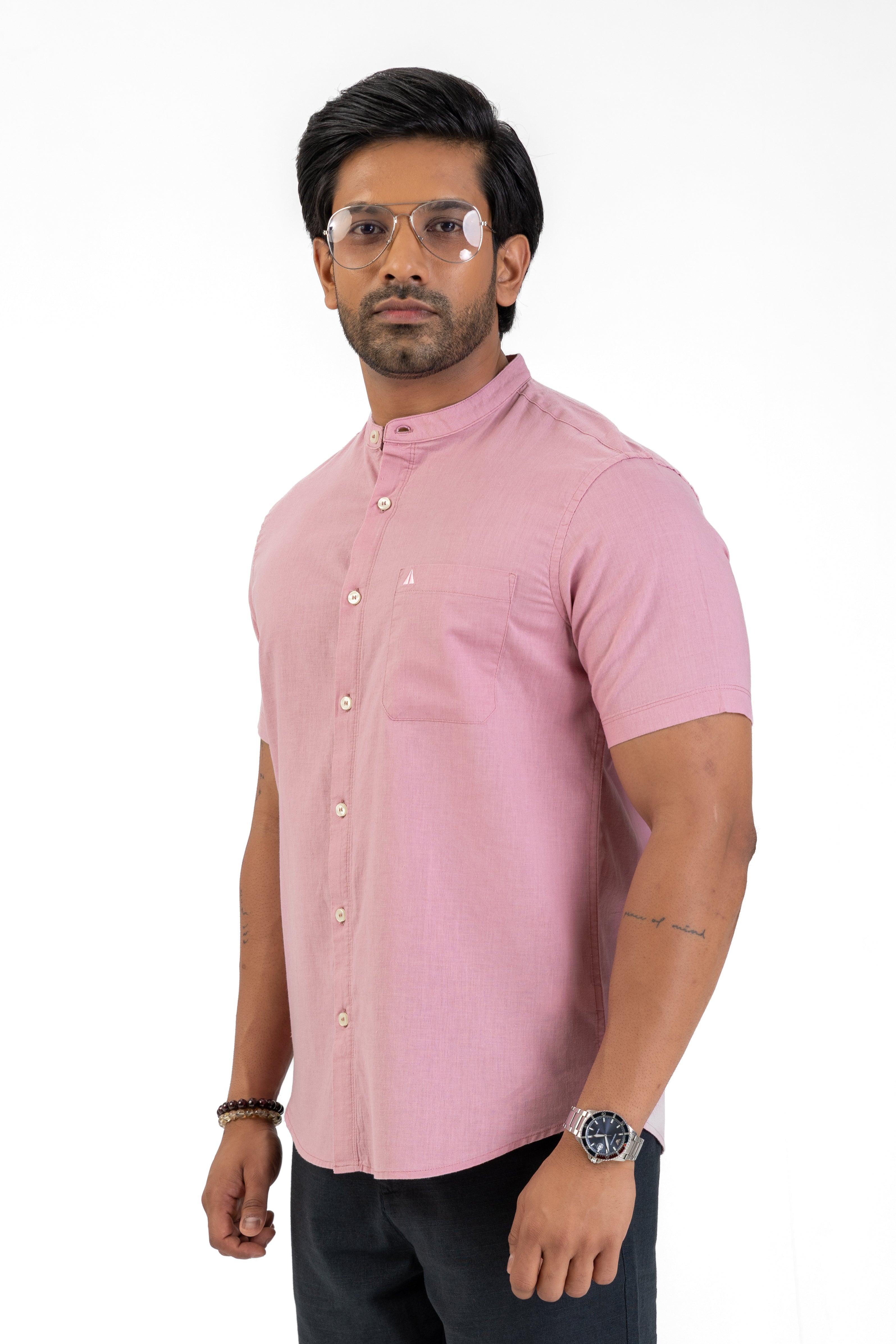Chinese Collar Short Sleeve Shirt – Pink