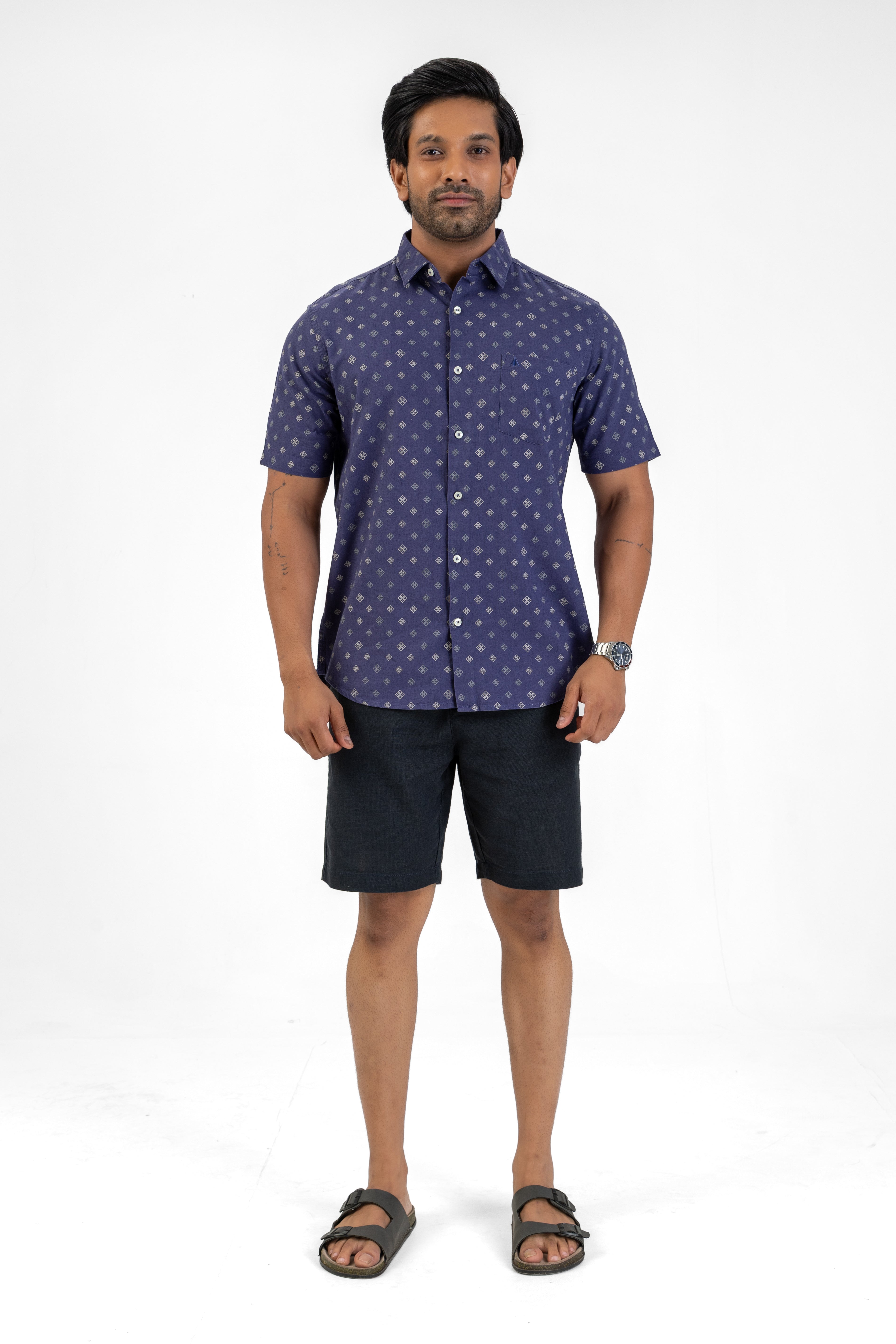 Linen Cotton Printed Short Sleeve Shirt – Purple