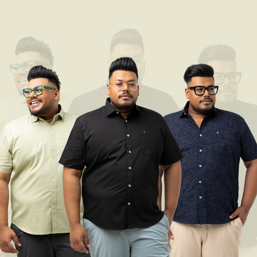 Three men wearing plus-size clothing with size labels on a beige background