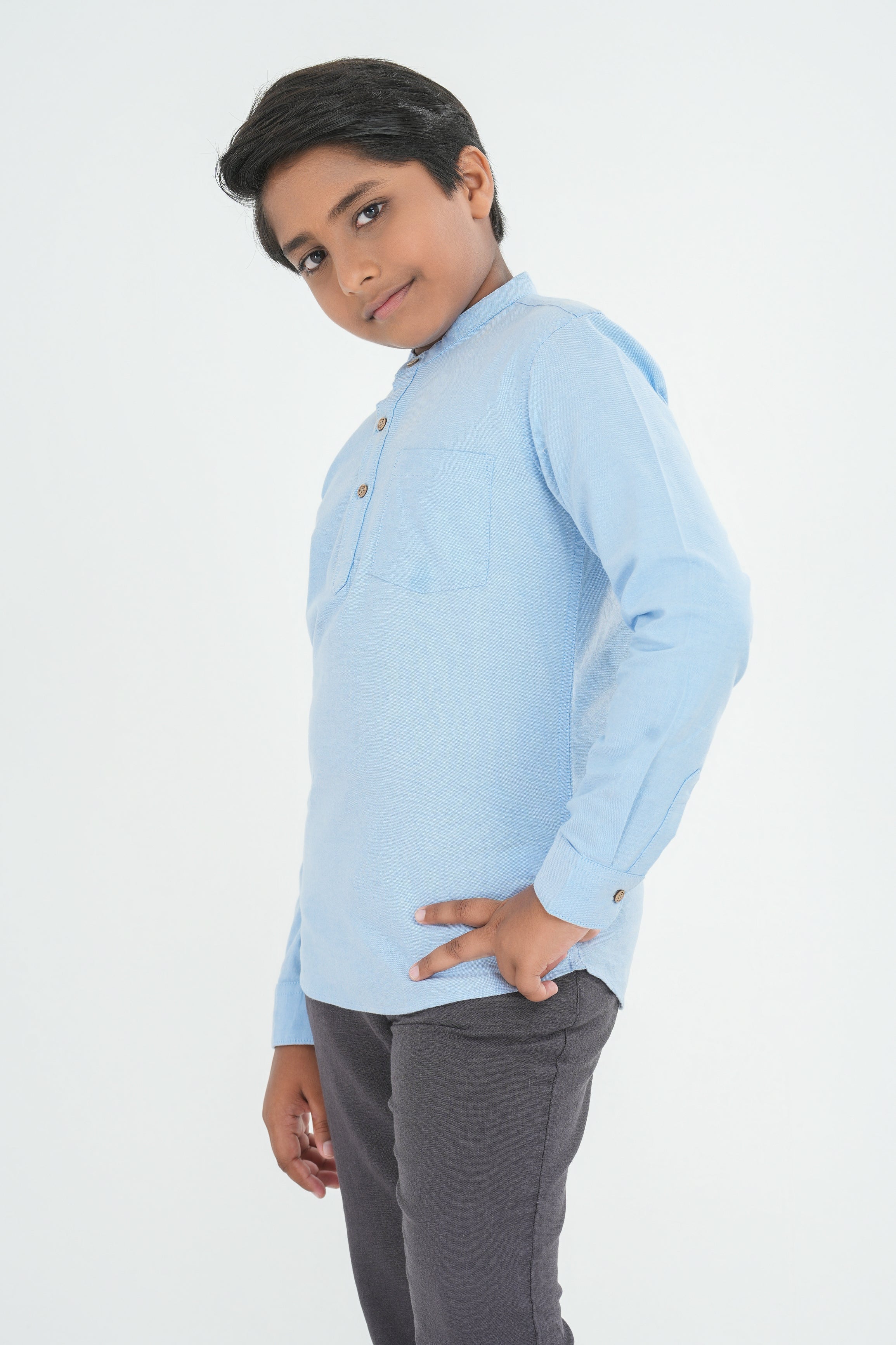 Kids' Oxford Cotton Long Sleeve Kurtha – Light Blue | AnationZ Junior
