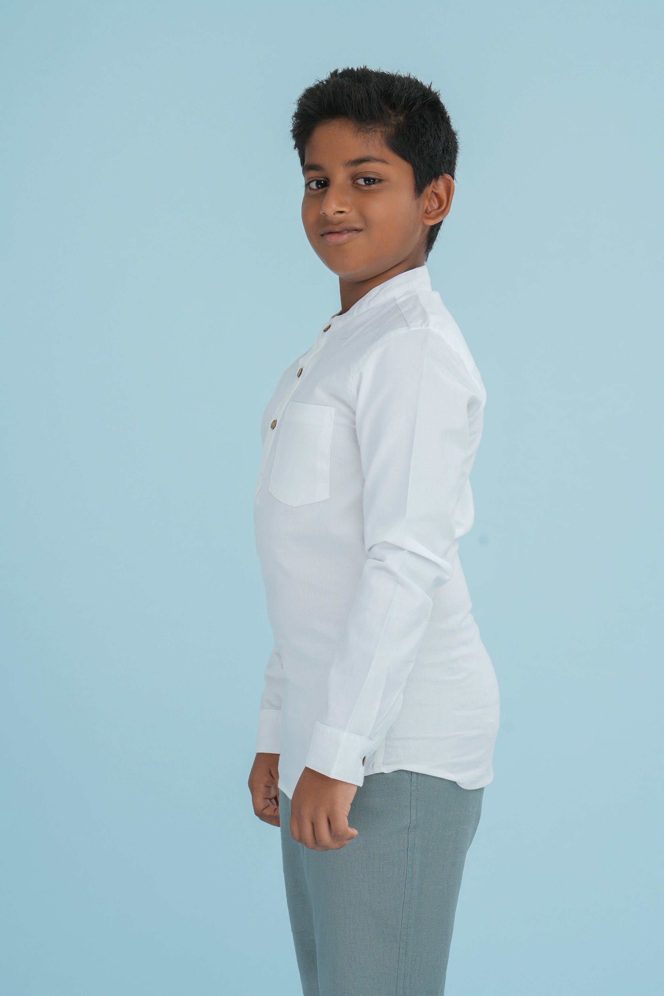 Kids' Oxford Cotton Long Sleeve Kurtha – White | AnationZ Junior