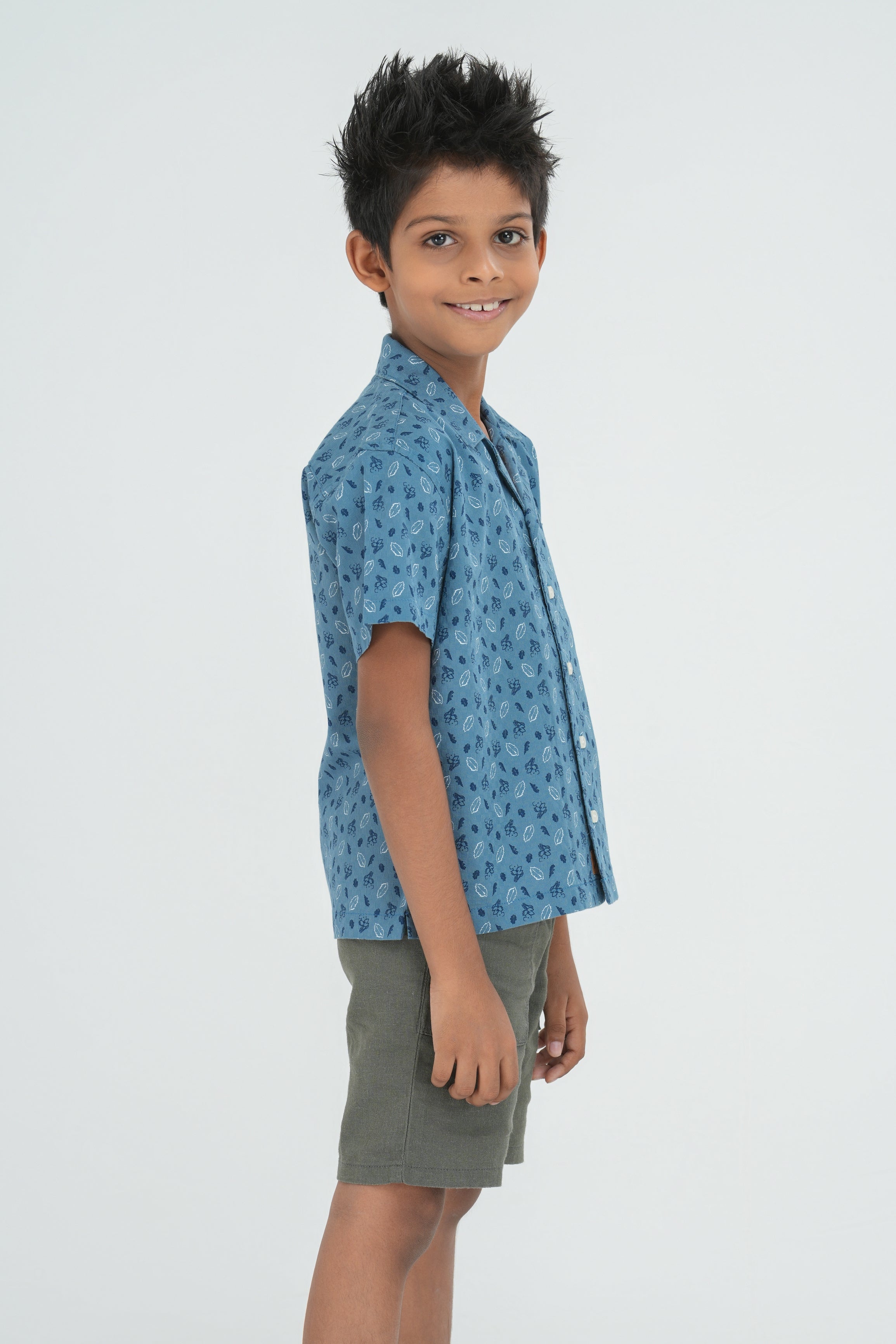 Kids' Printed Cotton Shirt – Cuban Collar Blue | AnationZ Junior