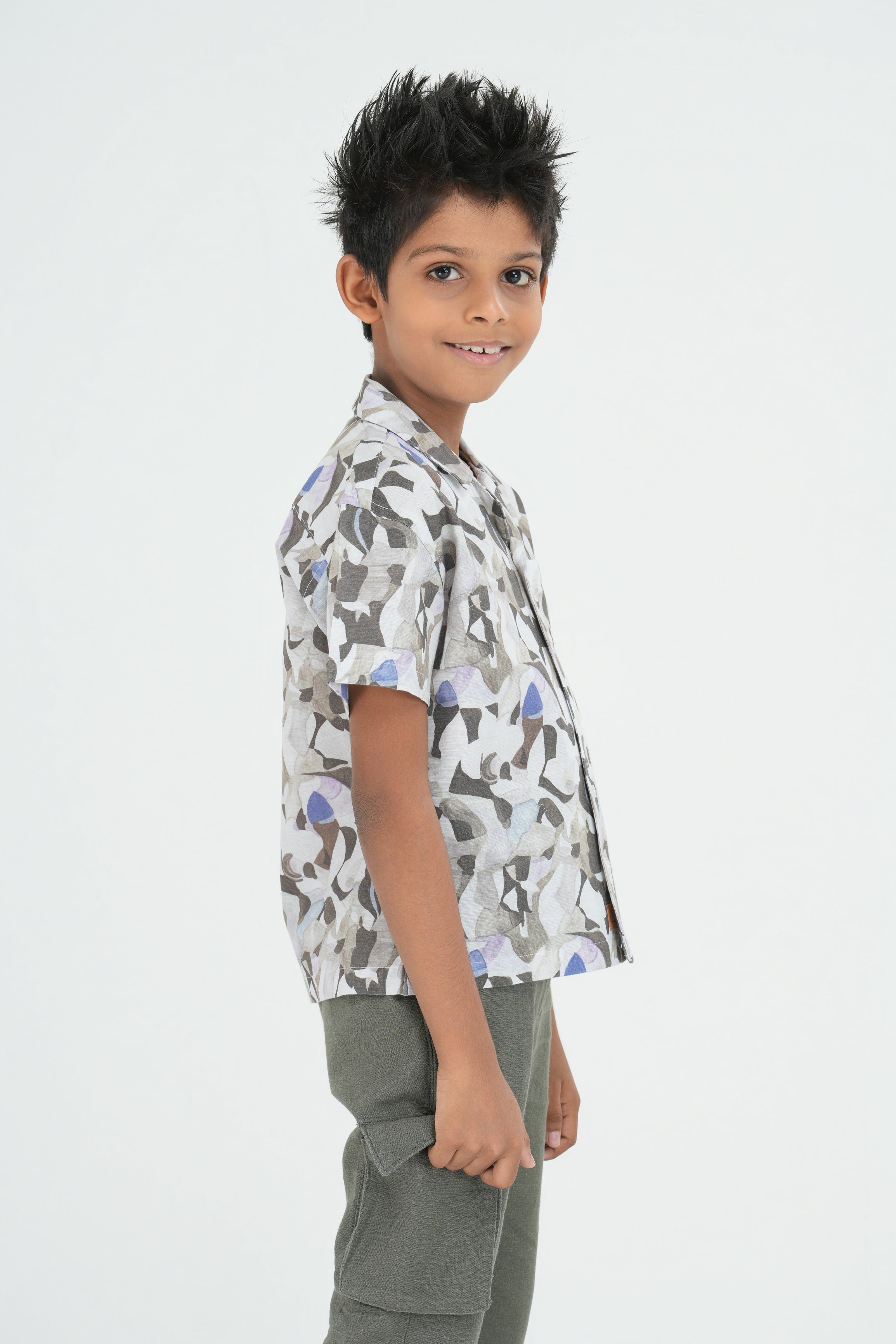 Kids' Floral Printed Linen Cotton Shirt – Cuban Collar, Natural | AnationZ Junior