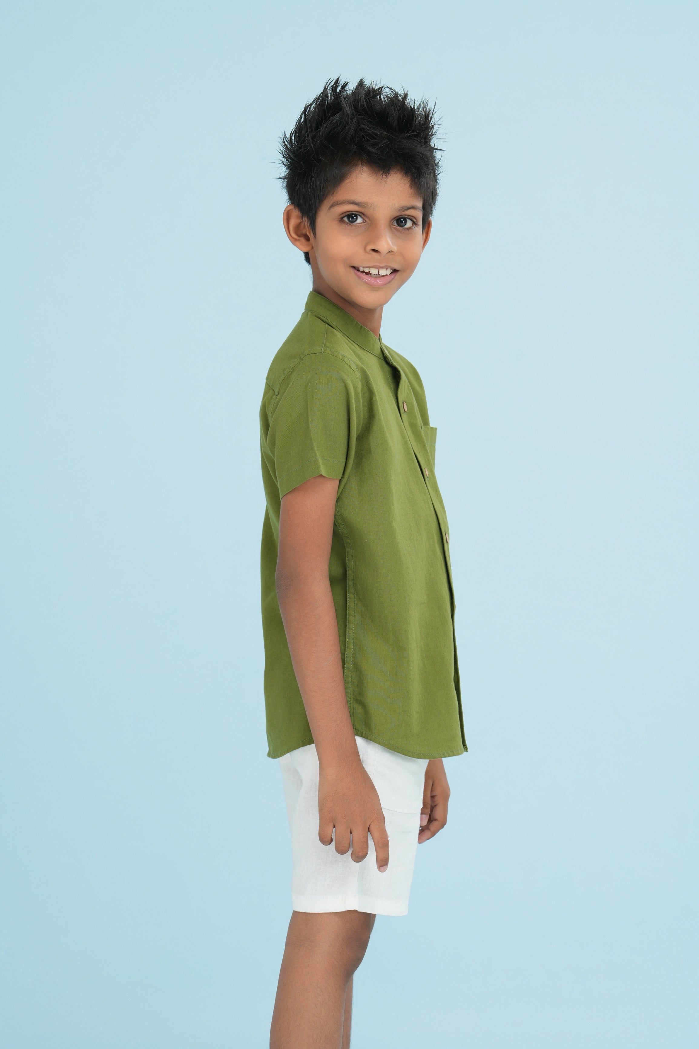 Kids' Linen Chinese Collar Shirt – Olive Green | AnationZ Junior