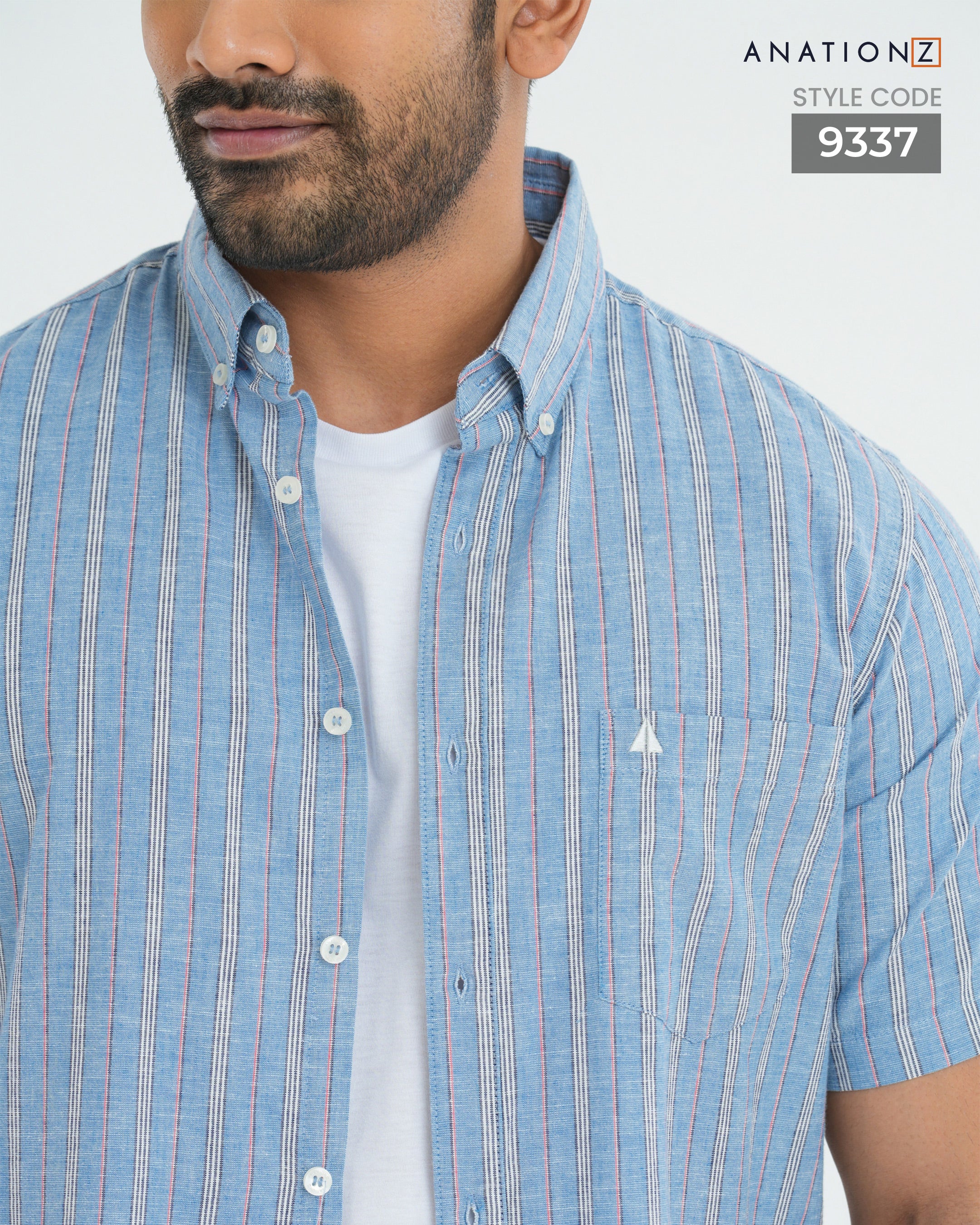 Linen Cotton Button Down Short Sleeve Stripe Shirt - Pastel Blue