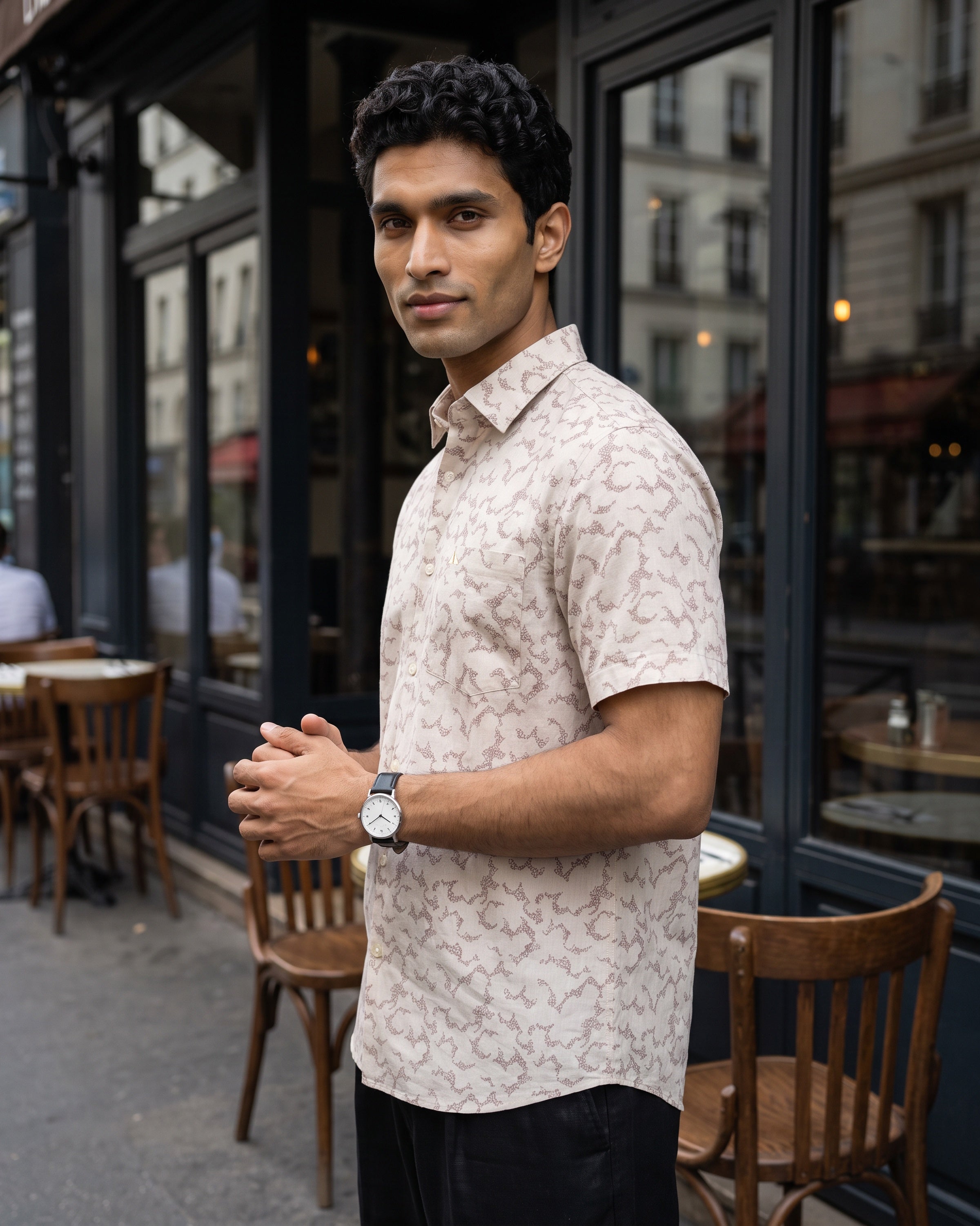 Linen Cotton Printed Short Sleeve Shirt – Peach
