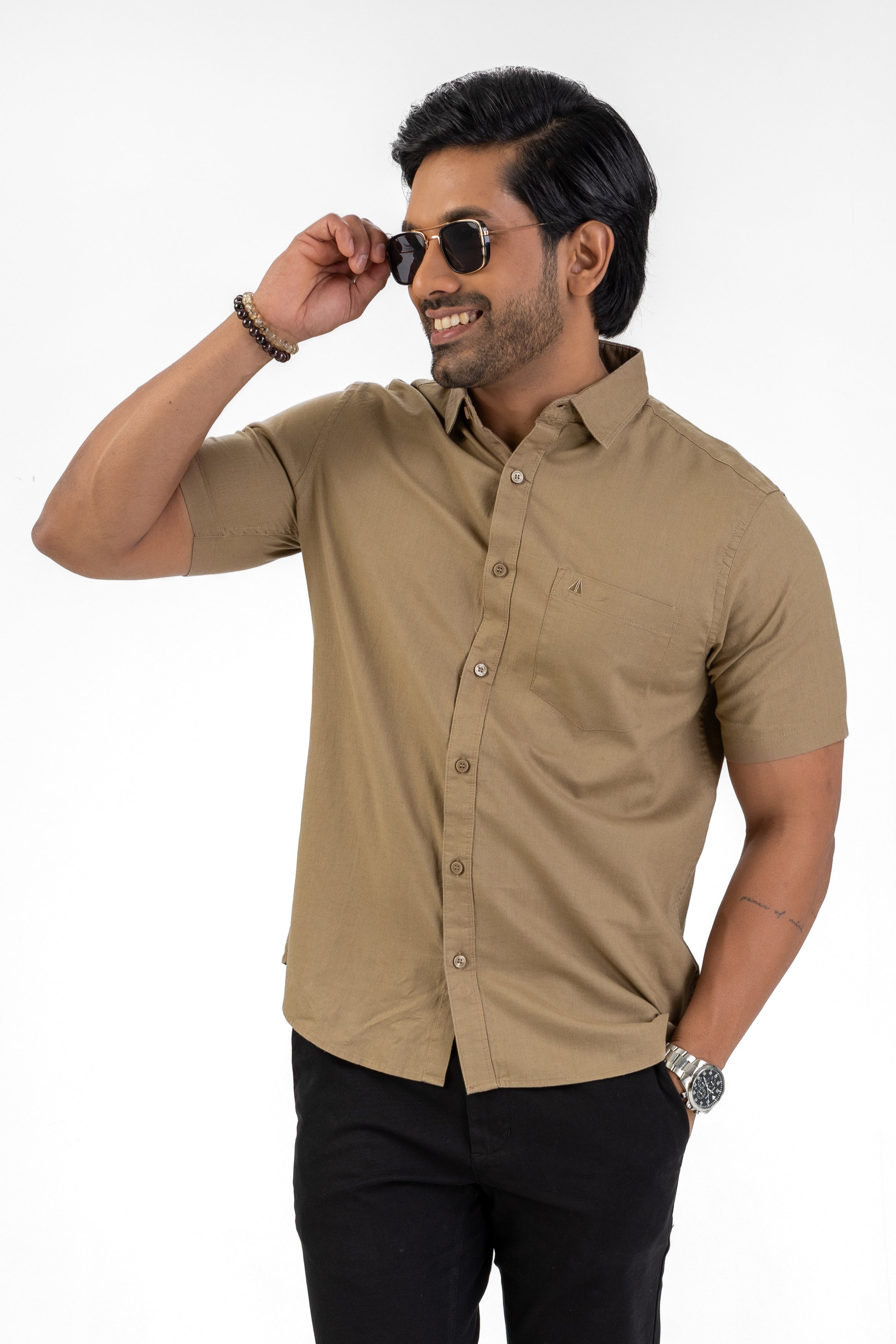 Short Sleeve Linen Cotton Shirt – Light Brown