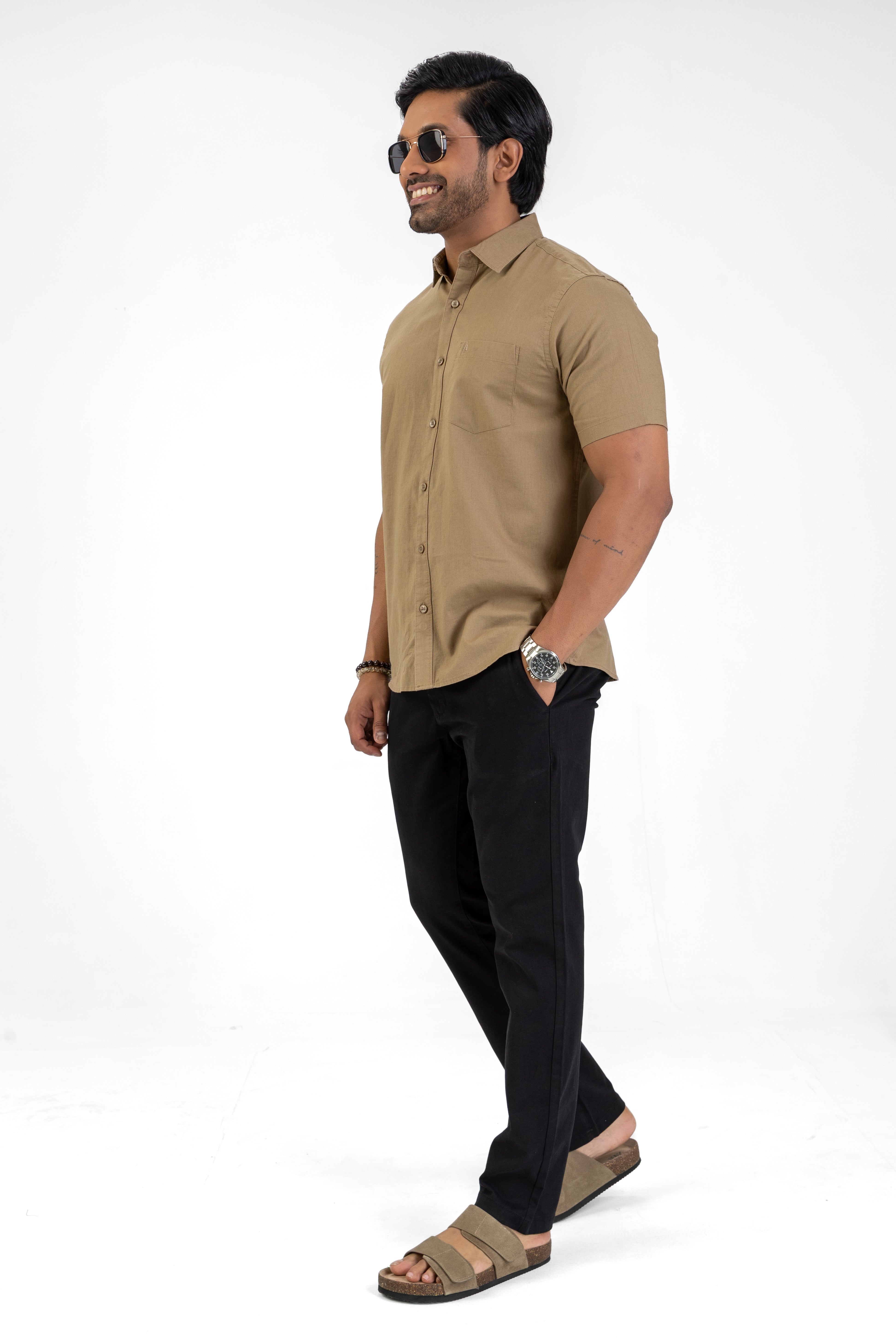 Short Sleeve Linen Cotton Shirt – Light Brown