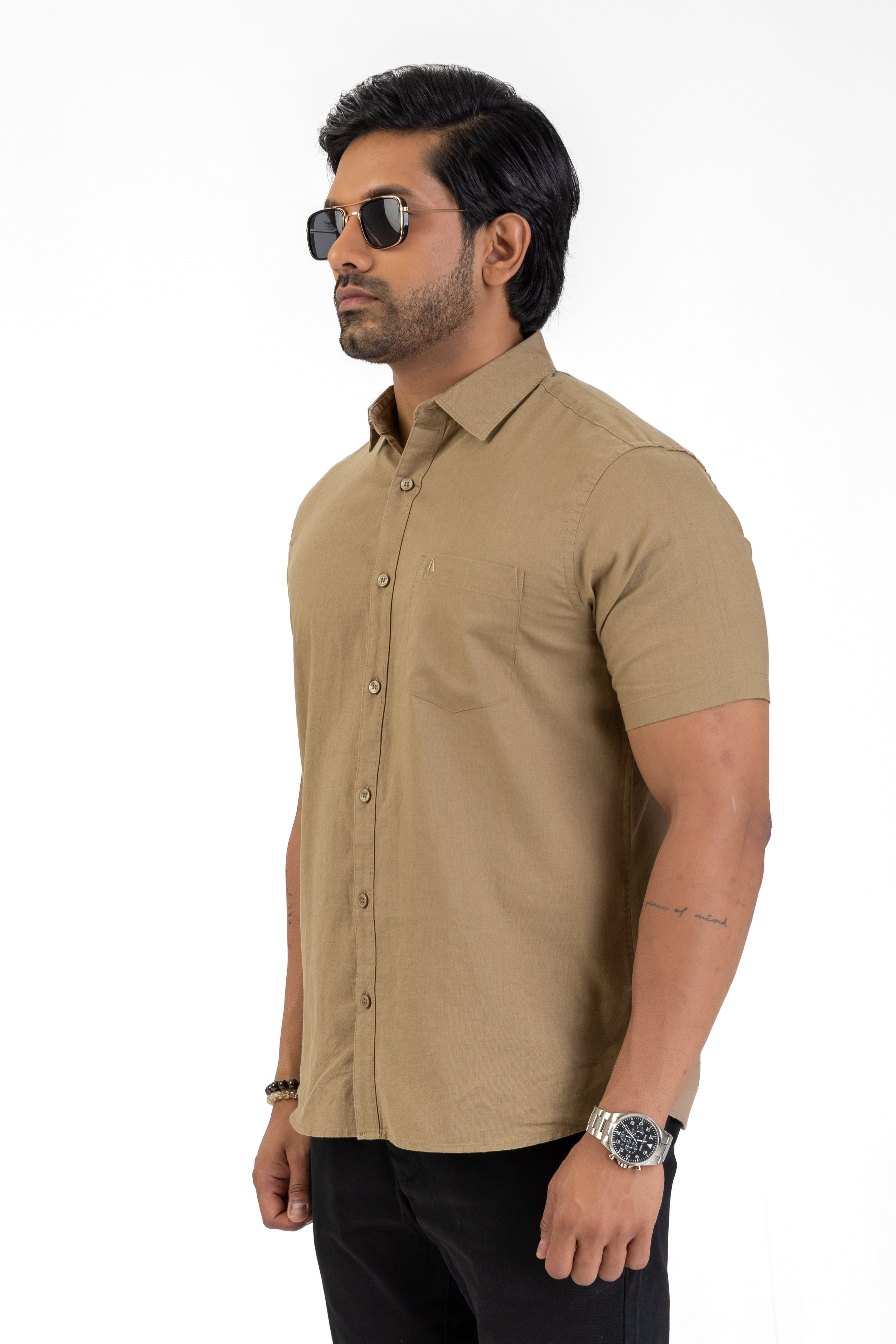 Short Sleeve Linen Cotton Shirt – Light Brown