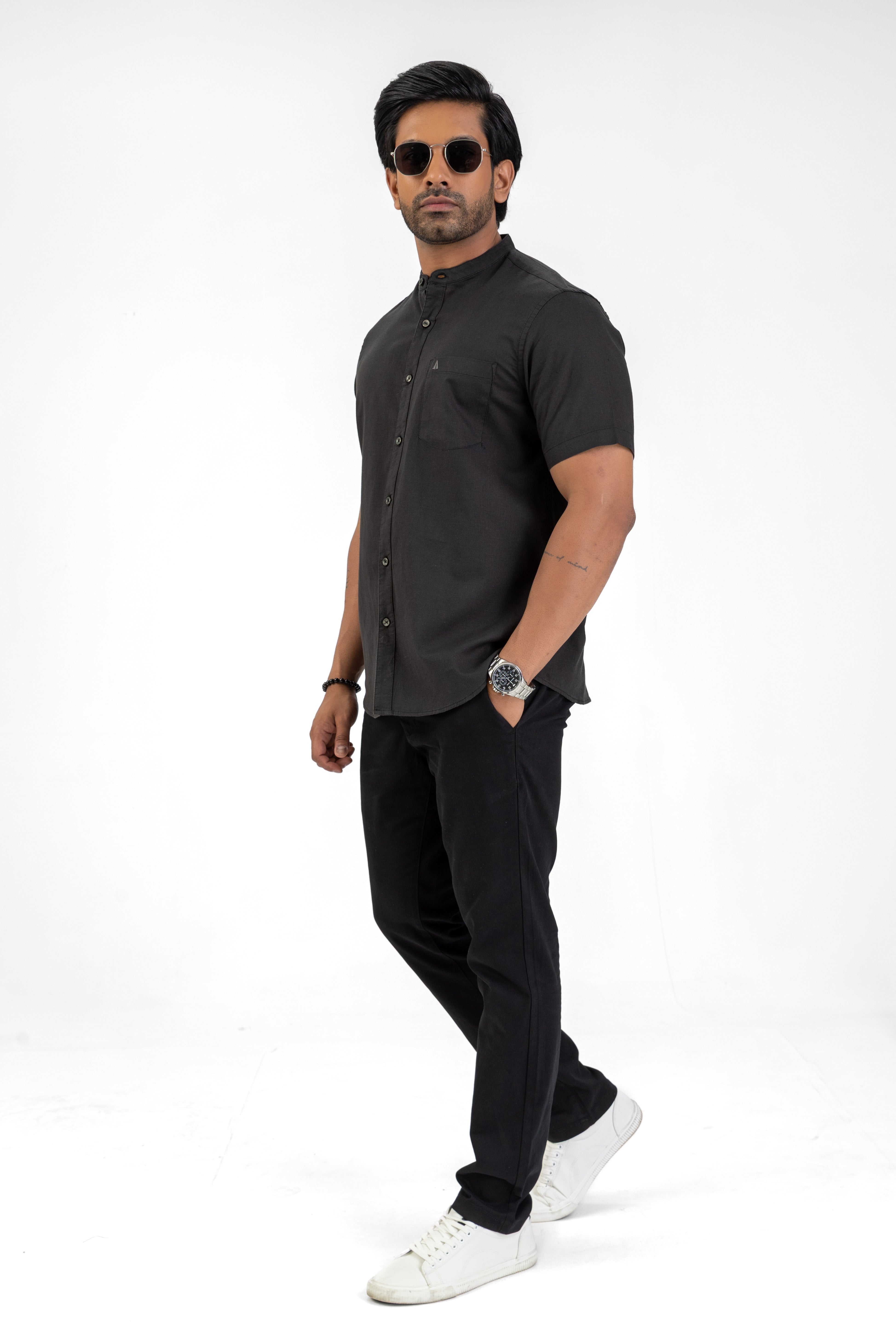 Chinese Collar Short Sleeve Shirt – Black