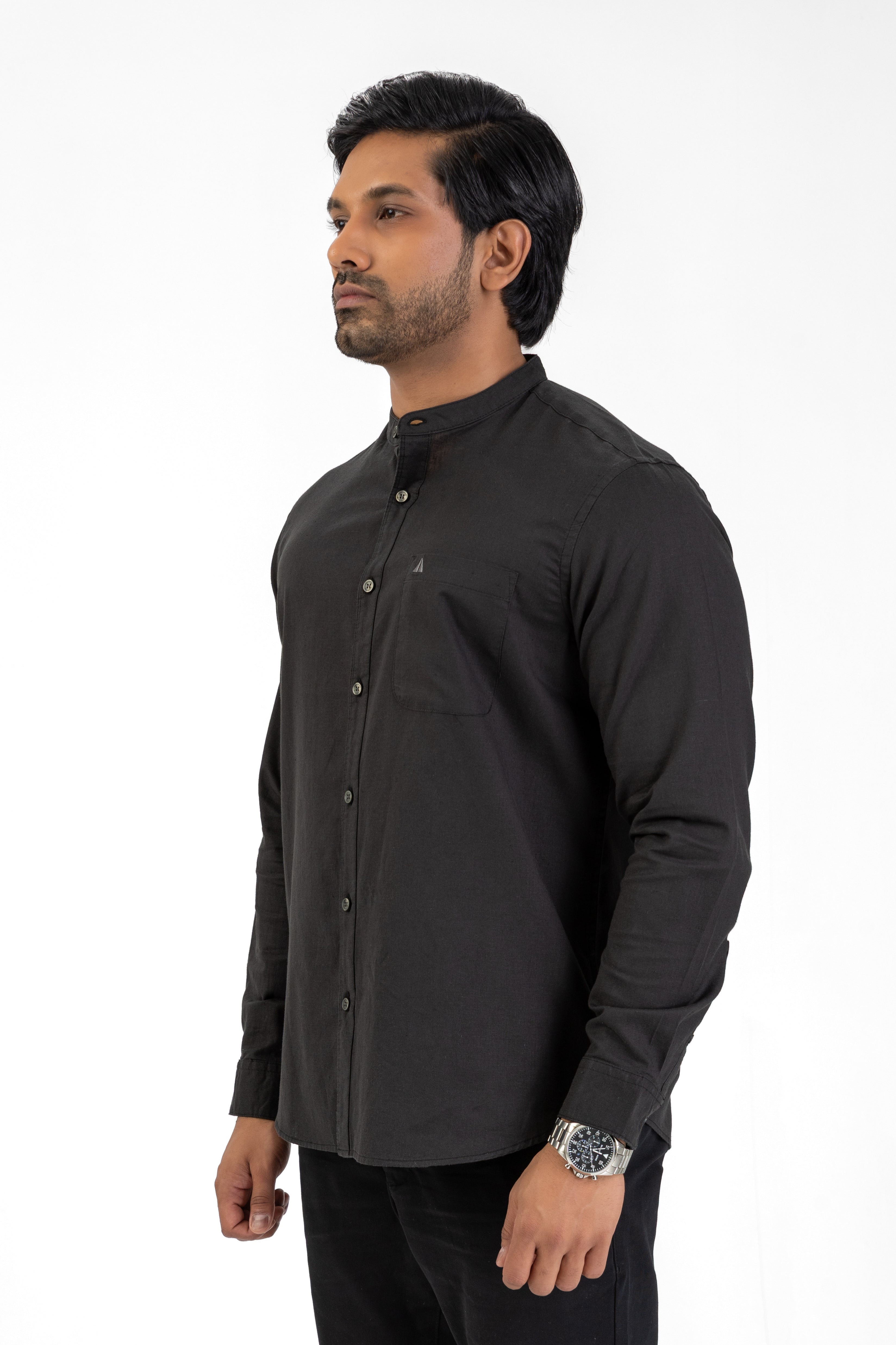 Slub Linen Cotton Chinese Collar Shirt – Black