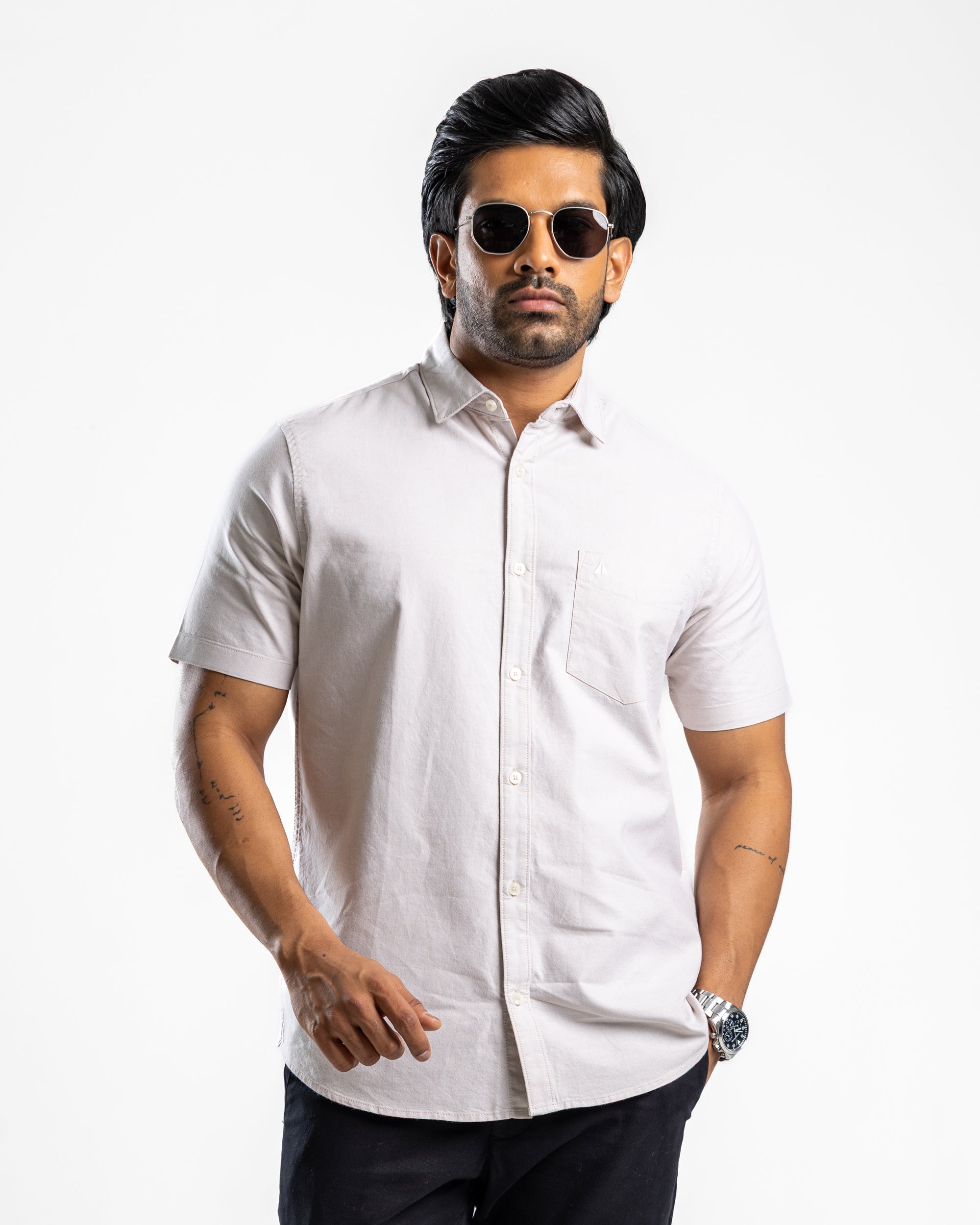 100% COTTON Short Sleeve Shirt - Sahara Beige
