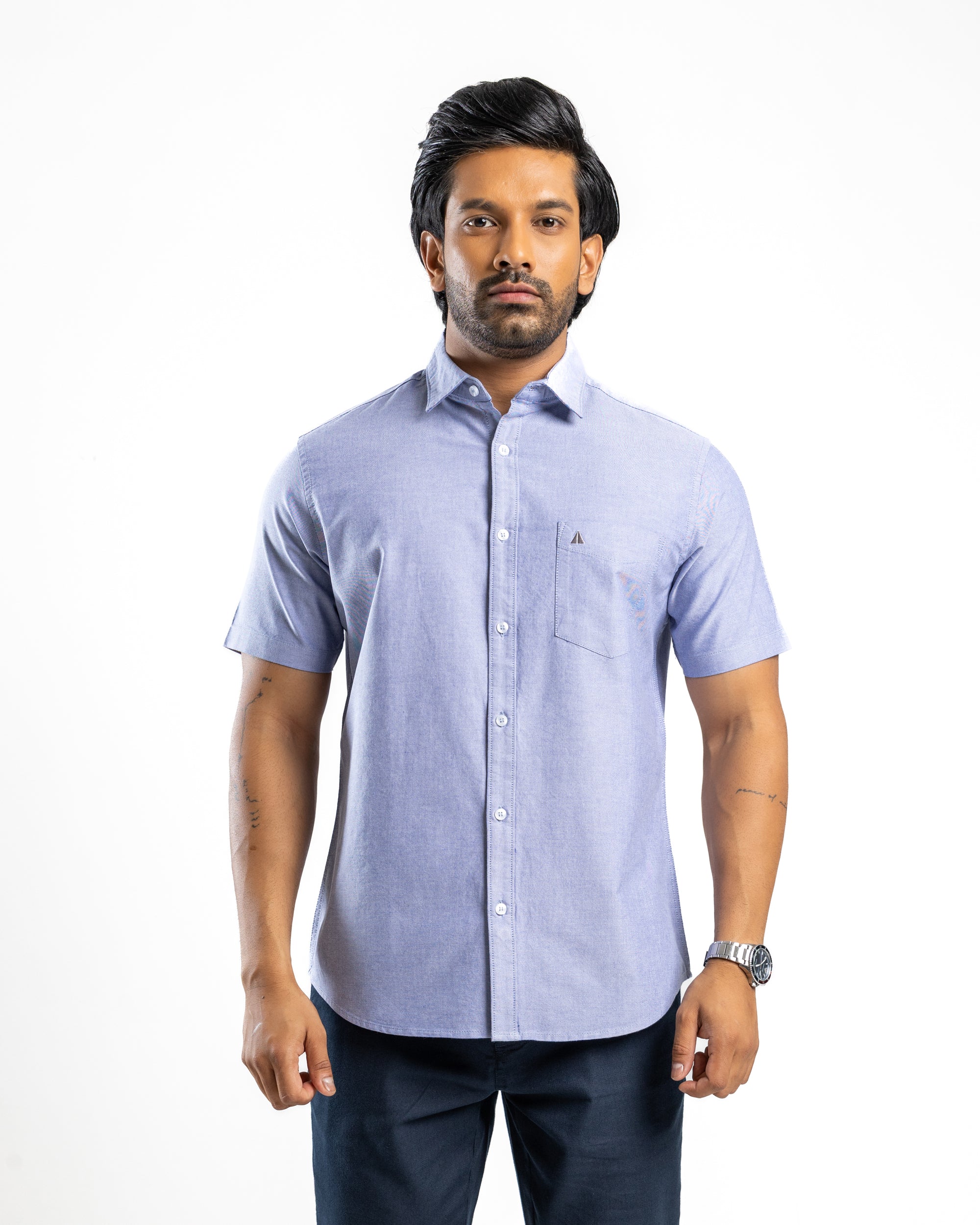 100% COTTON Short Sleeve Shirt - Dark Blue
