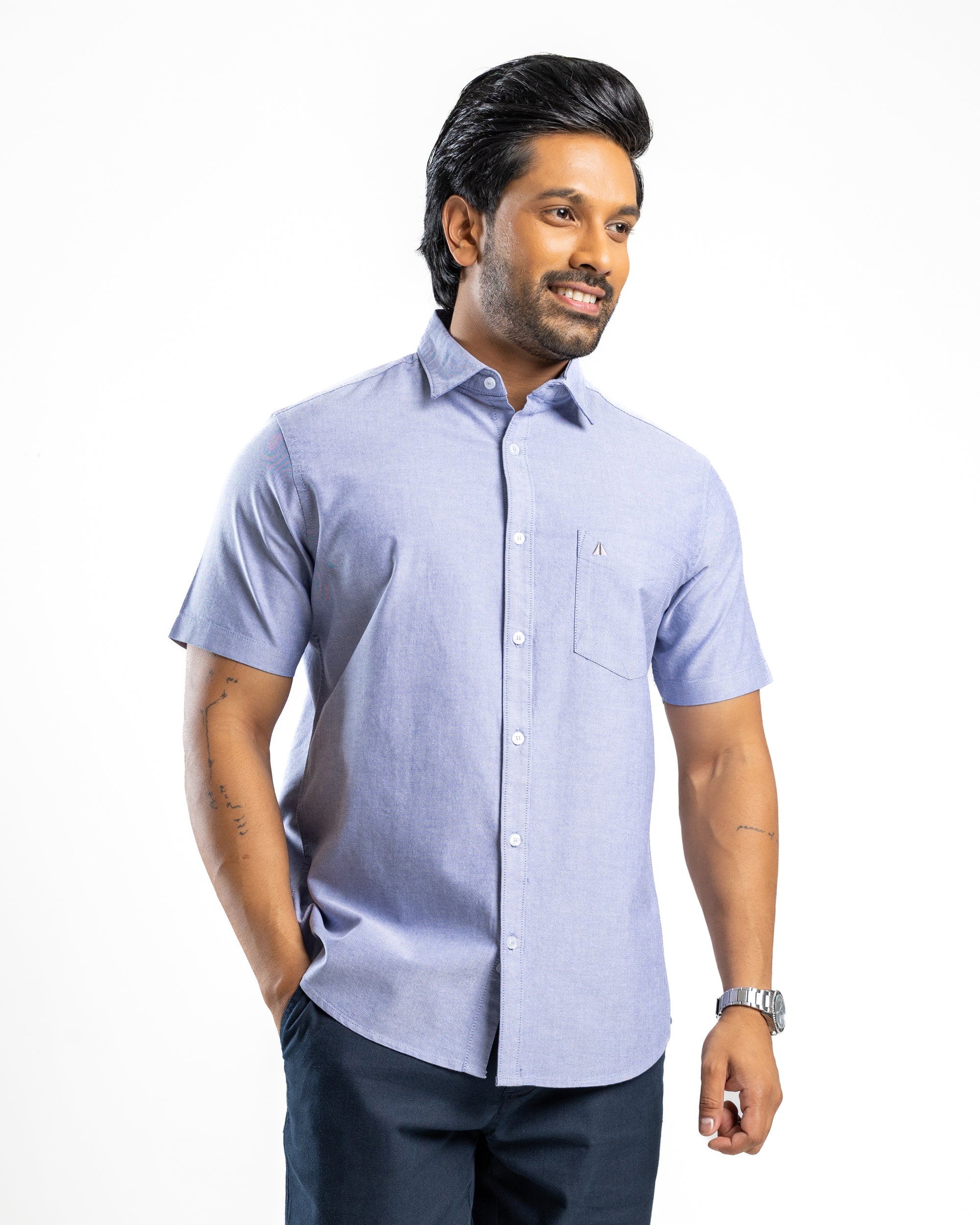 100% COTTON Short Sleeve Shirt - Dark Blue