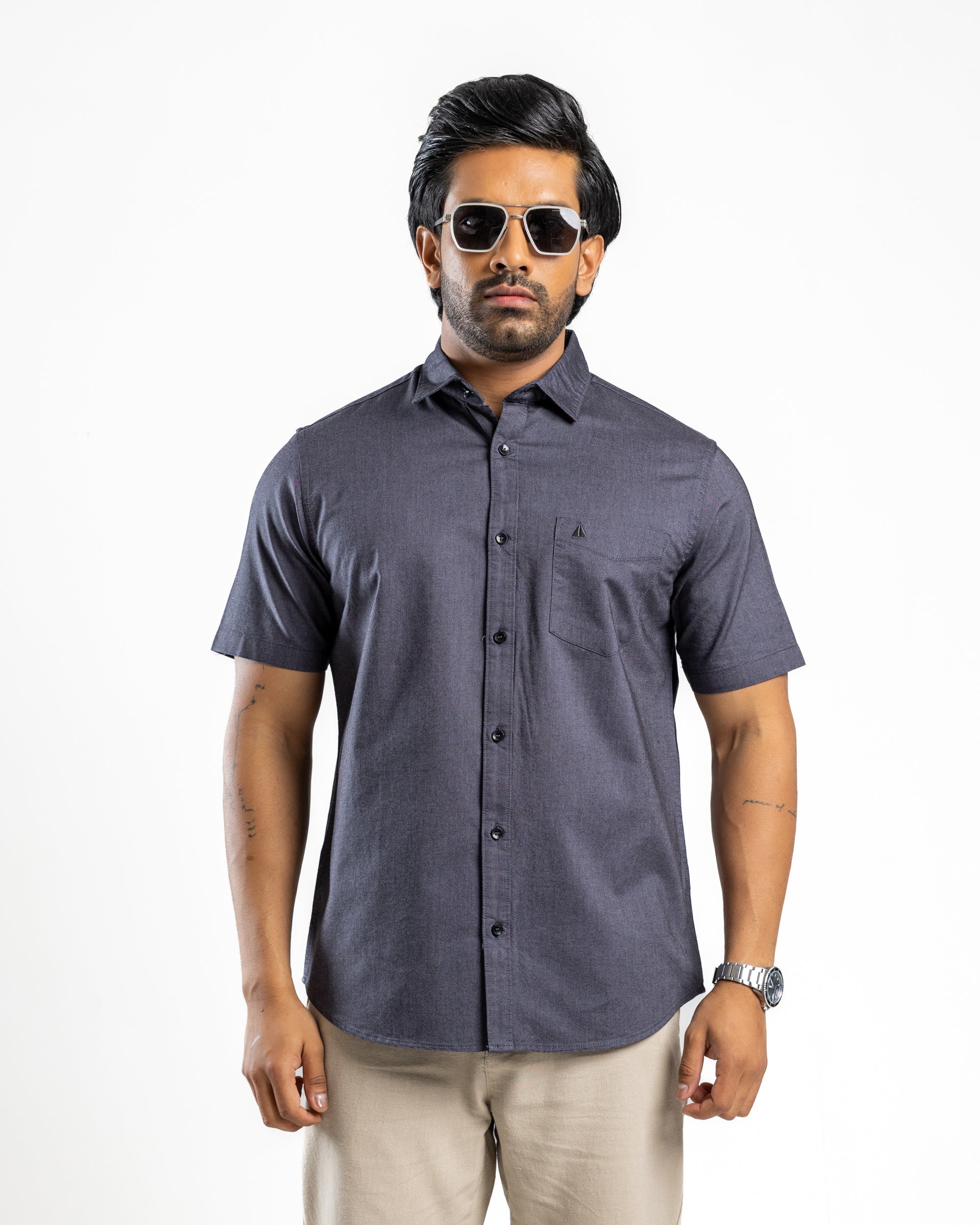 100% COTTON Short Sleeve Shirt - Dark Grey