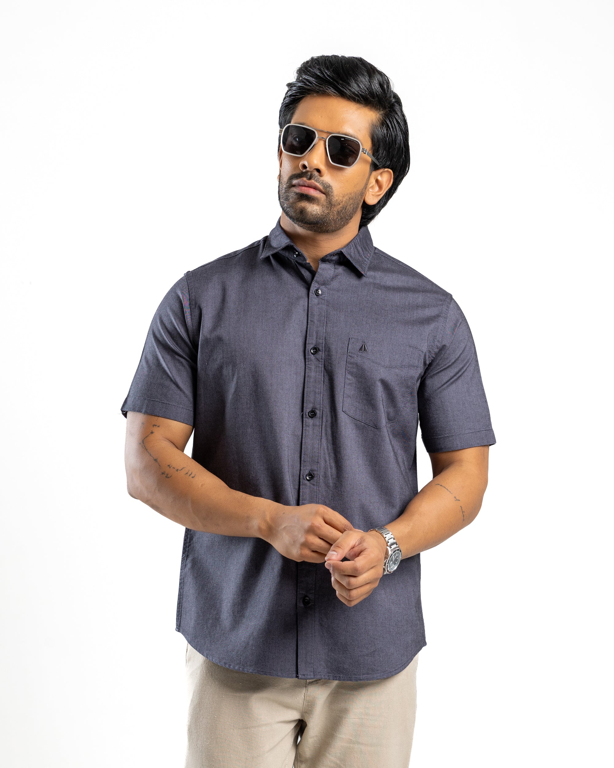 100% COTTON Short Sleeve Shirt - Dark Grey