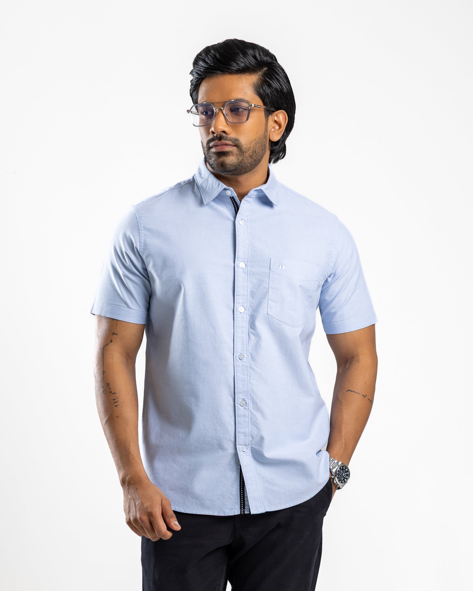 100% COTTON Short Sleeve Shirt - Light Blue