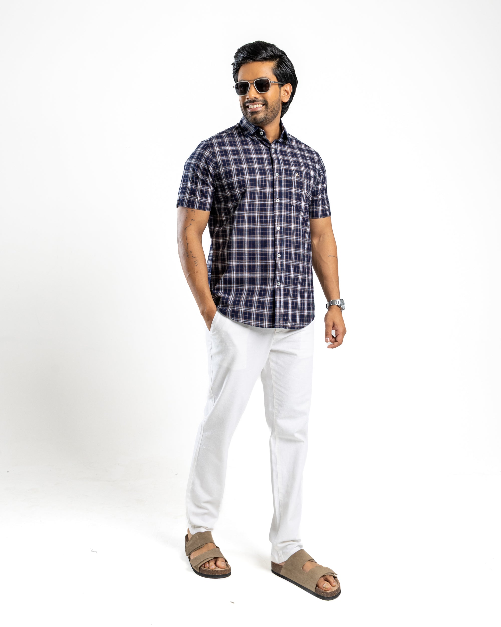 100% COTTON CHECK Short Sleeve Shirt -Khaki