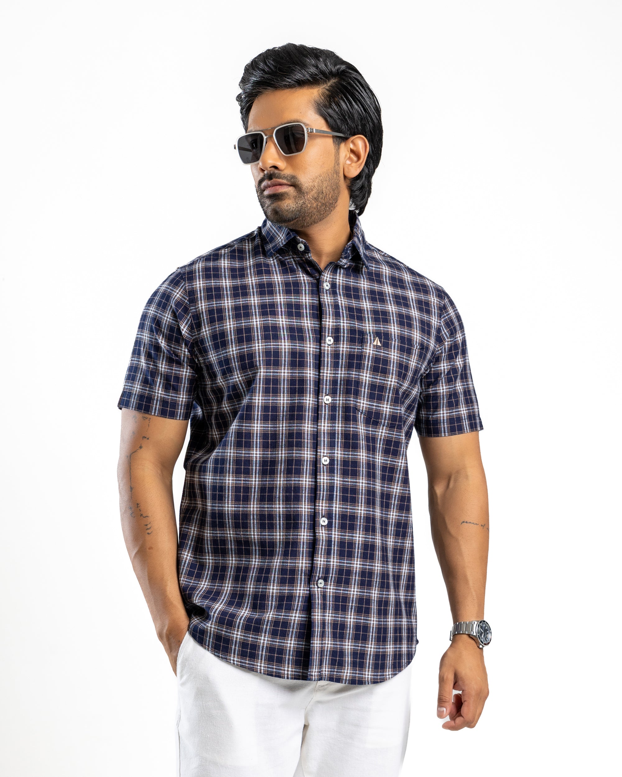 100% COTTON CHECK Short Sleeve Shirt -Khaki