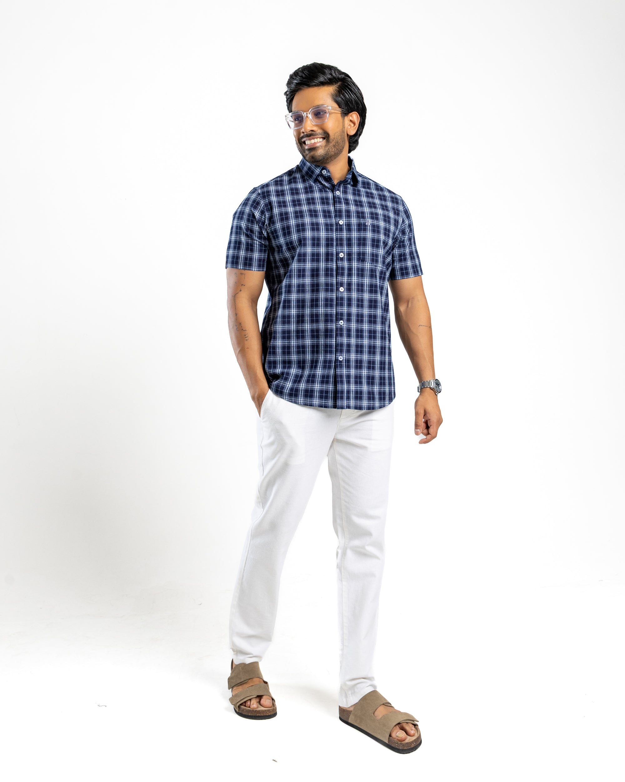 100% COTTON CHECK Short Sleeve Shirt - Deep Ocean Navy