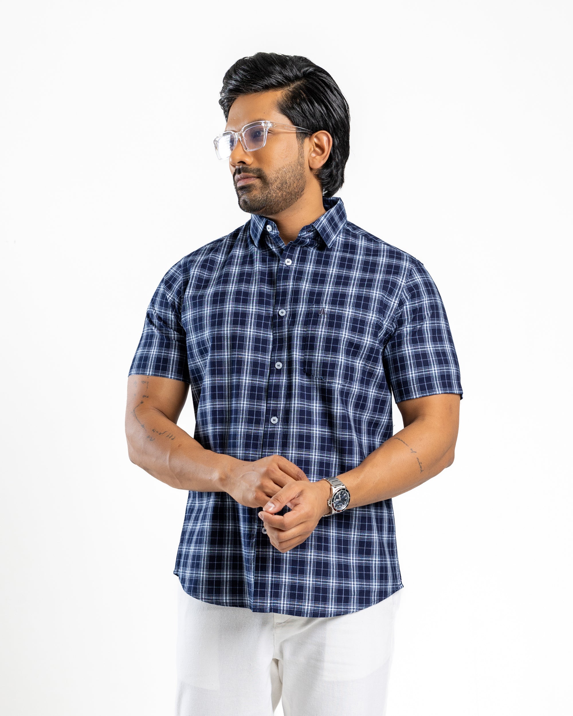 100% COTTON CHECK Short Sleeve Shirt - Deep Ocean Navy