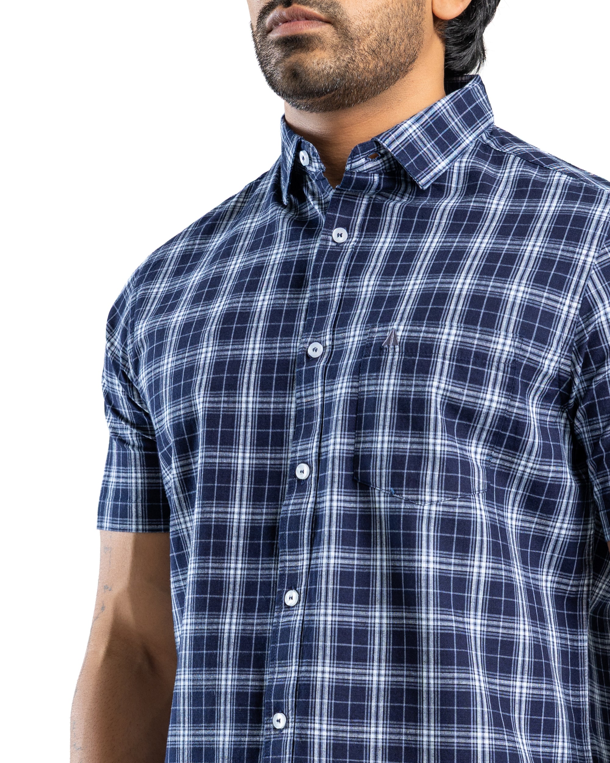 100% COTTON CHECK Short Sleeve Shirt - Deep Ocean Navy