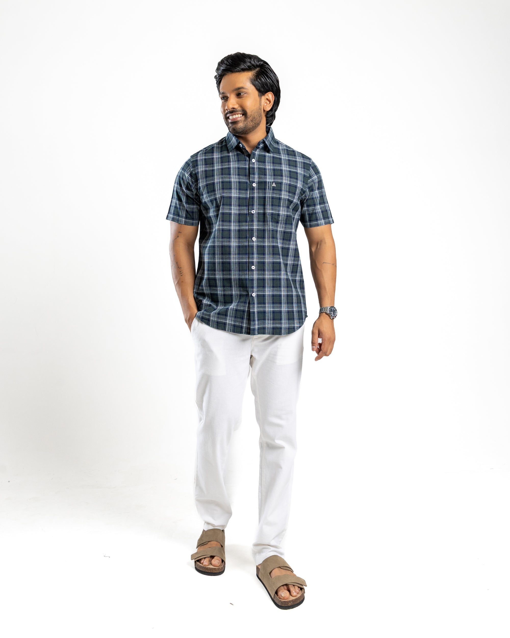 100% COTTON CHECK Short Sleeve Shirt - Forest Pine