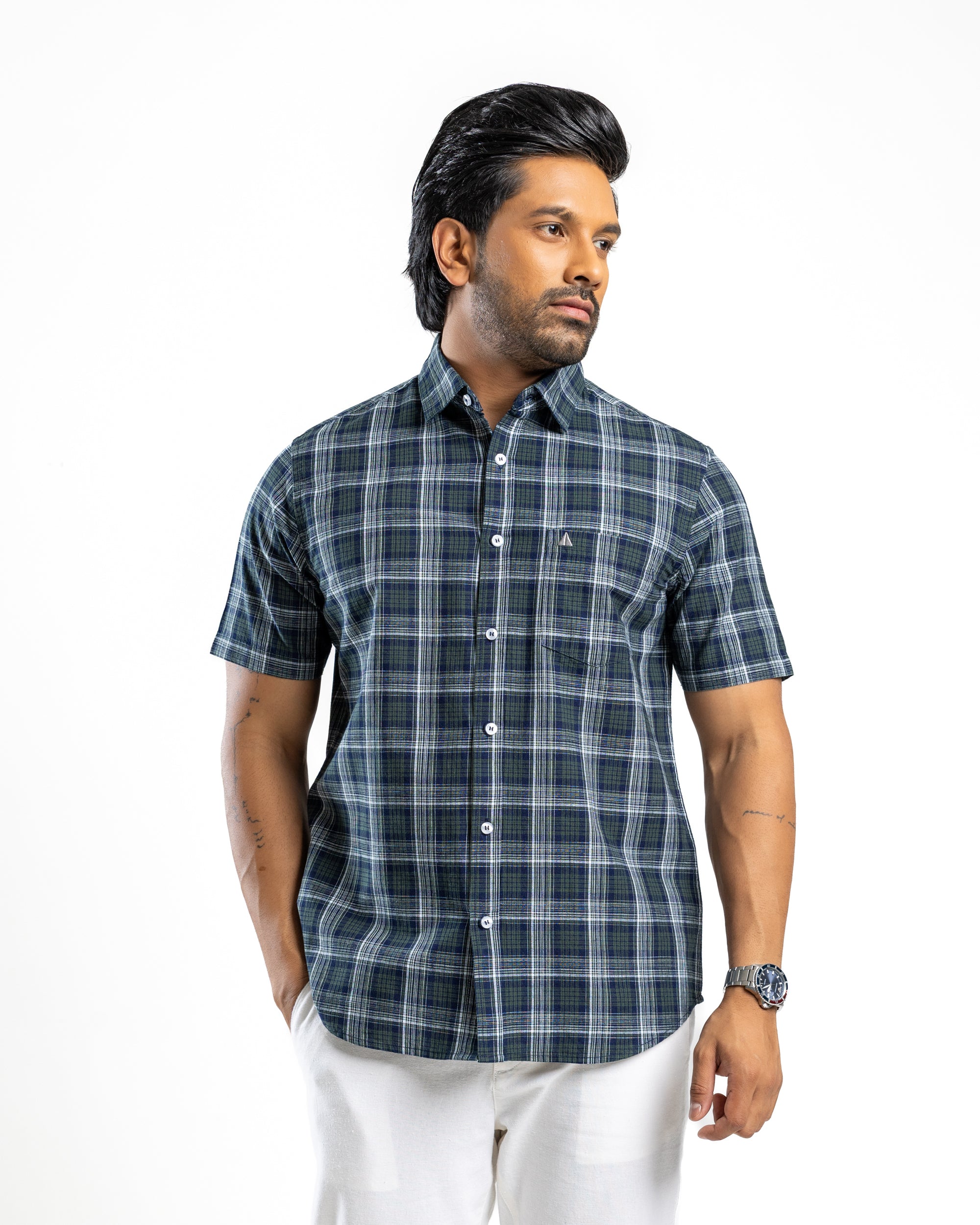 100% COTTON CHECK Short Sleeve Shirt - Forest Pine