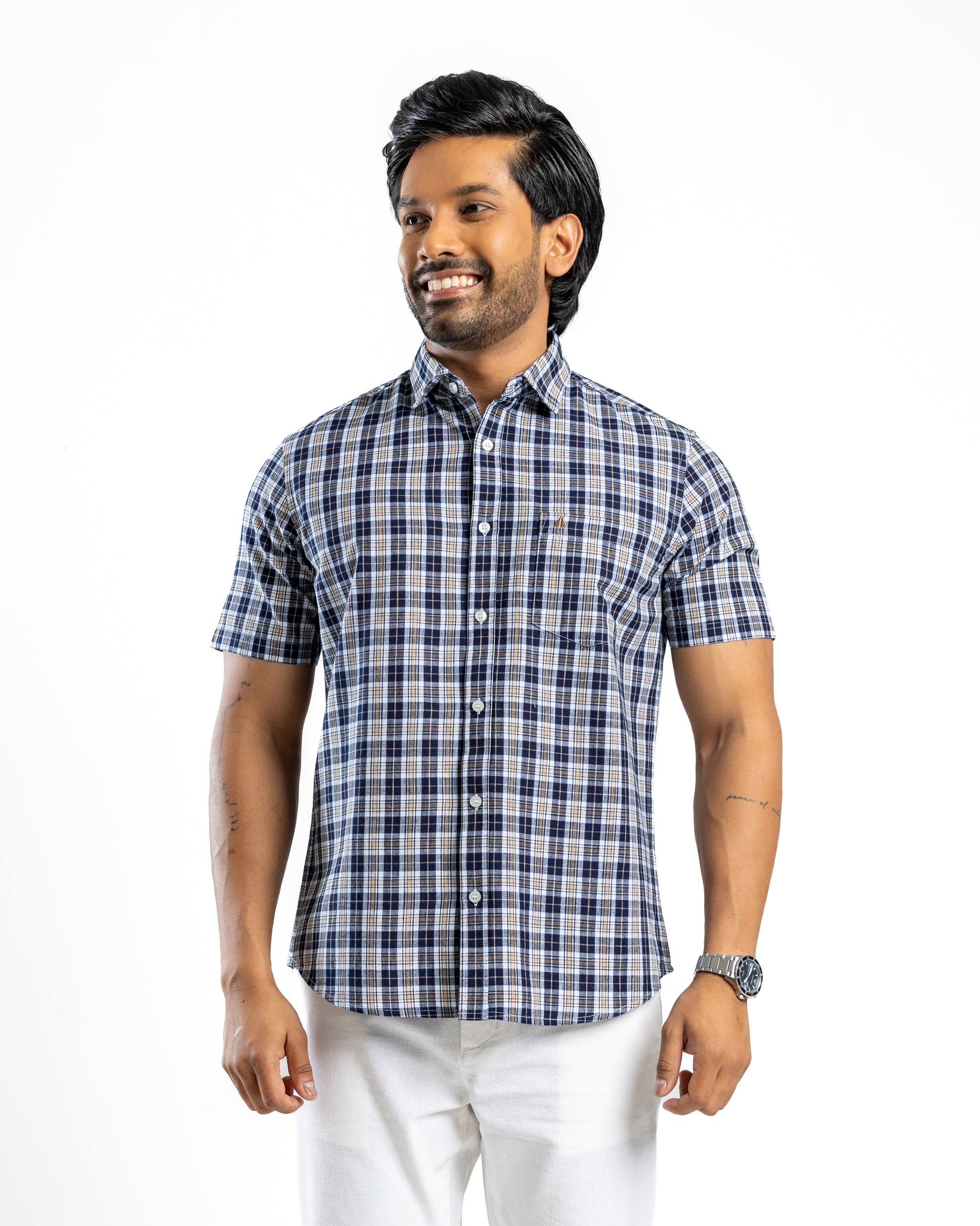 Cotton Blend Check Short Sleeve Shirt | Warm Tobacco