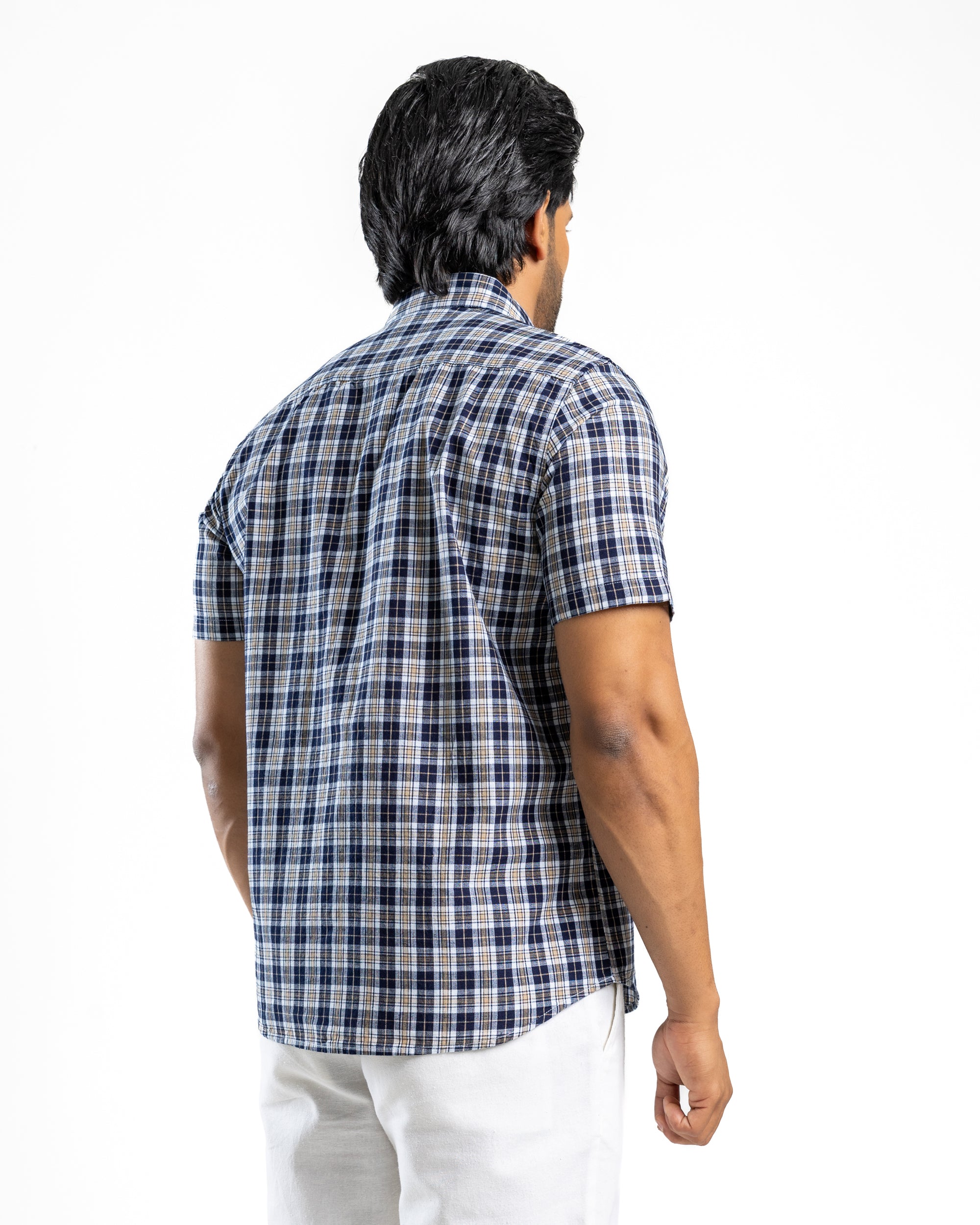 Cotton Blend Check Short Sleeve Shirt | Warm Tobacco