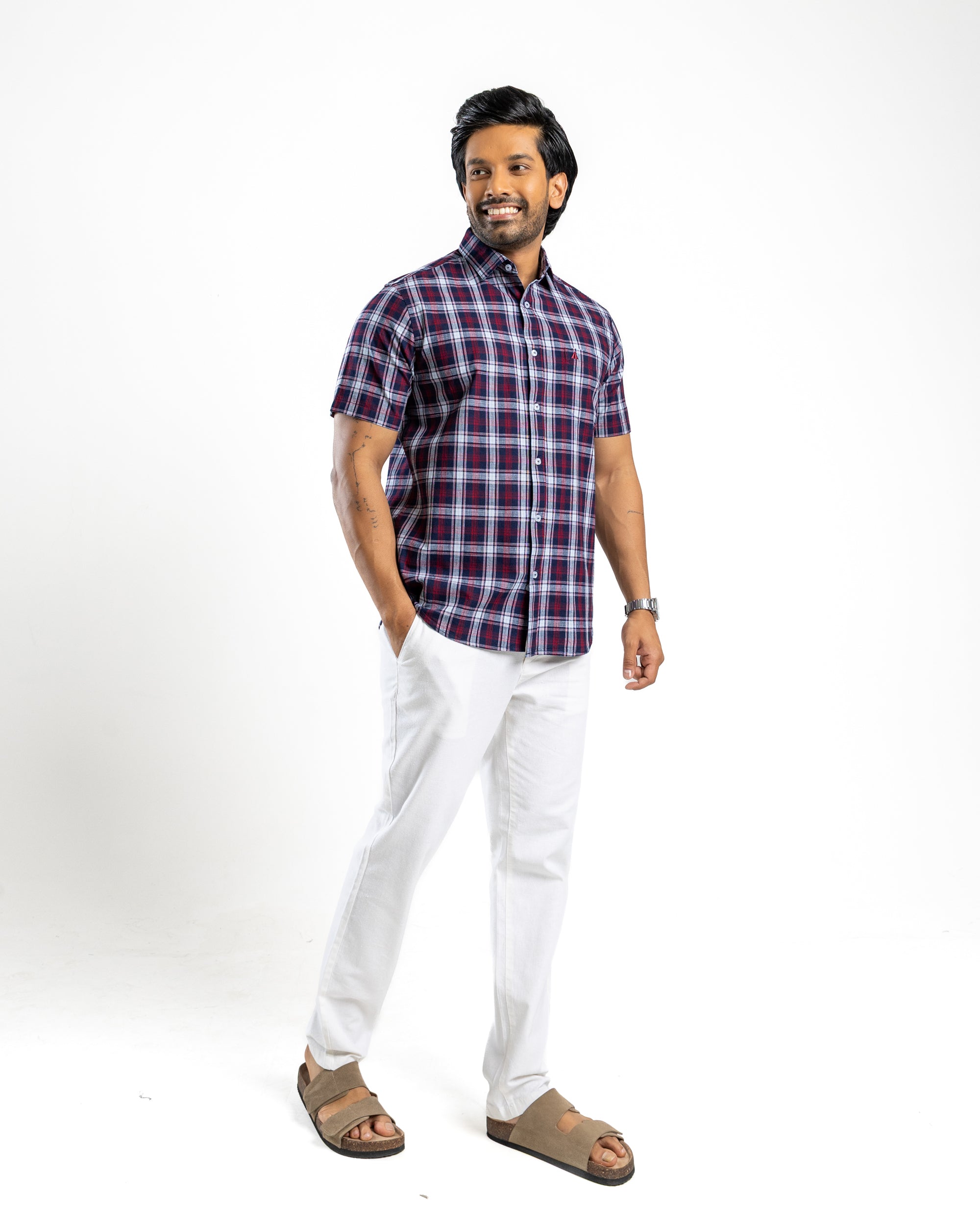 Cotton Blend Check Short Sleeve Shirt | Burgundy Reserve