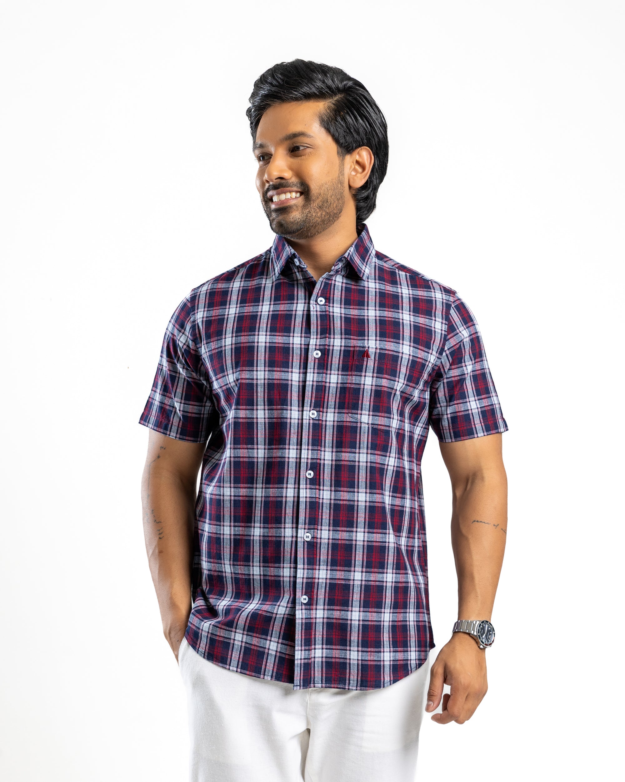 Cotton Blend Check Short Sleeve Shirt | Burgundy Reserve