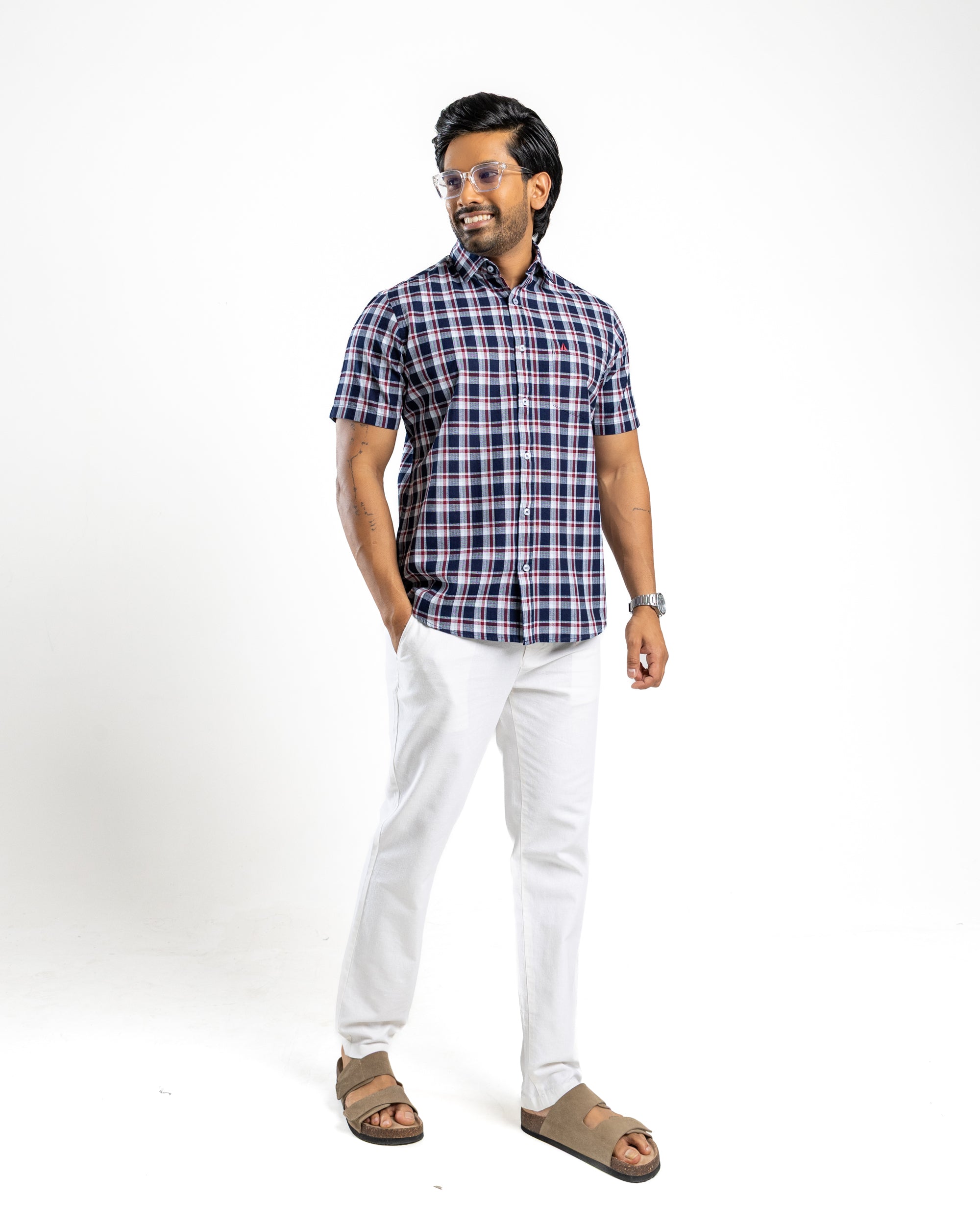 100% COTTON CHECK Short Sleeve Shirt - Royal Crimson