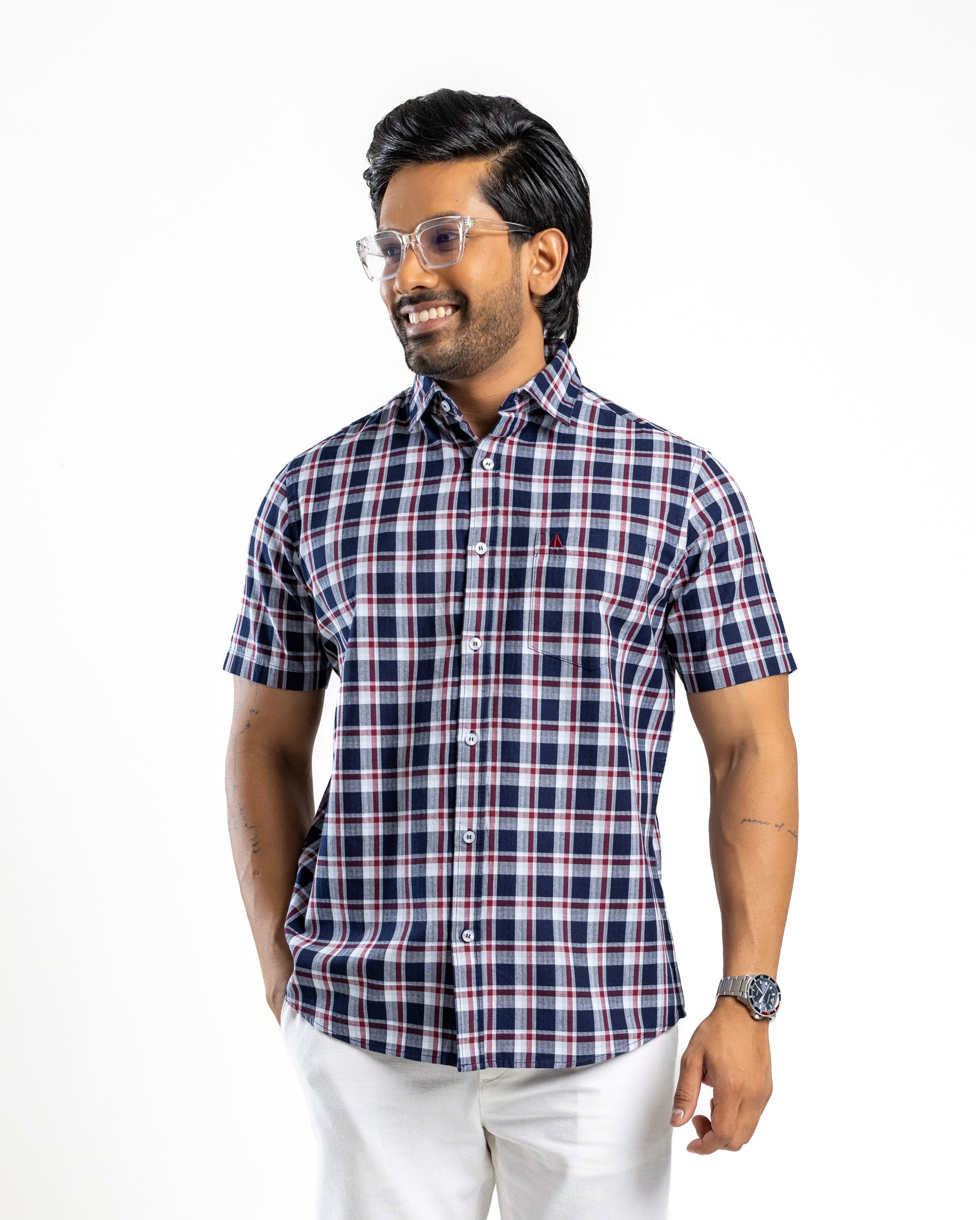 100% COTTON CHECK Short Sleeve Shirt - Royal Crimson