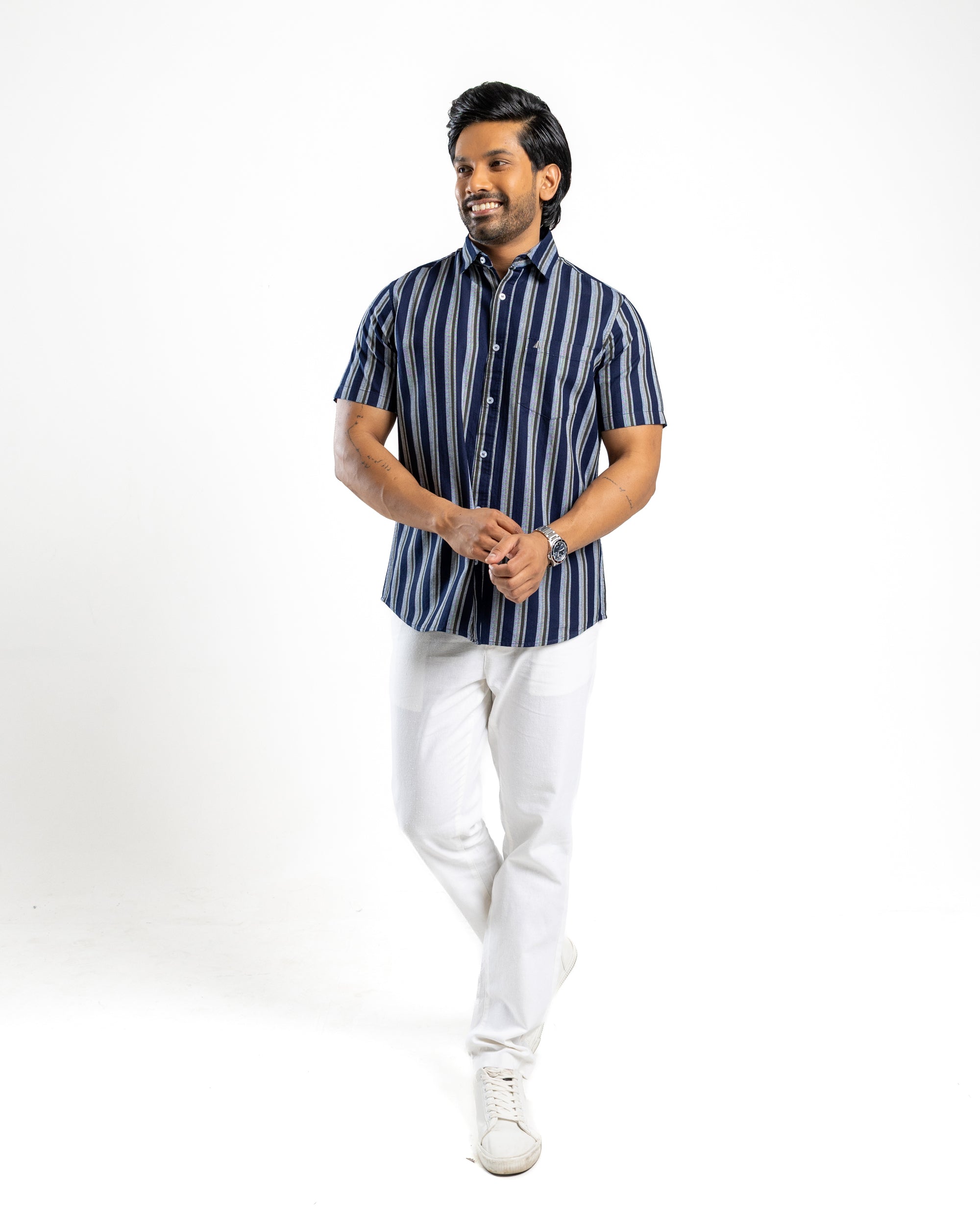 100% COTTON STRIPE Short Sleeve Shirt - Olive