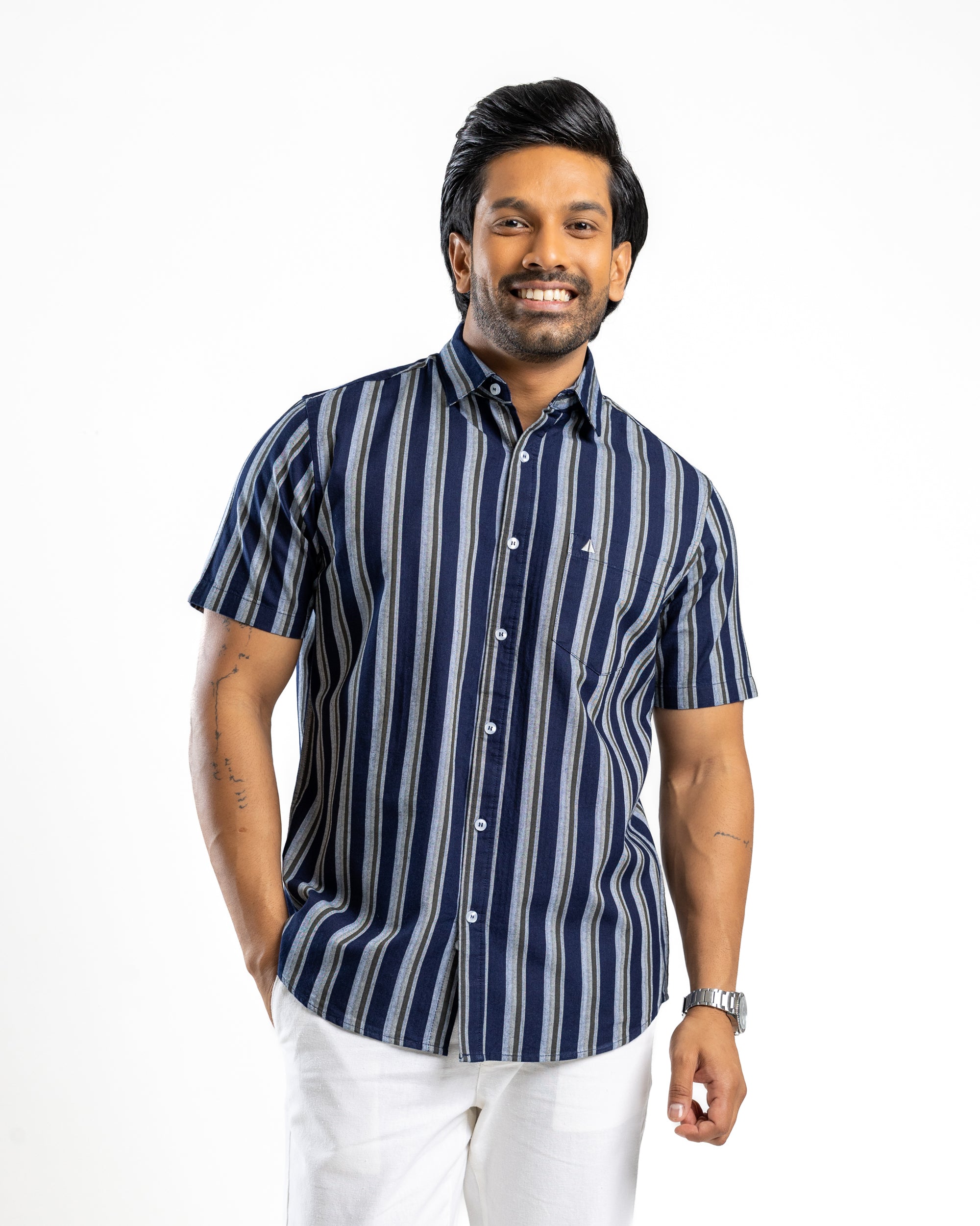 100% COTTON STRIPE Short Sleeve Shirt - Olive