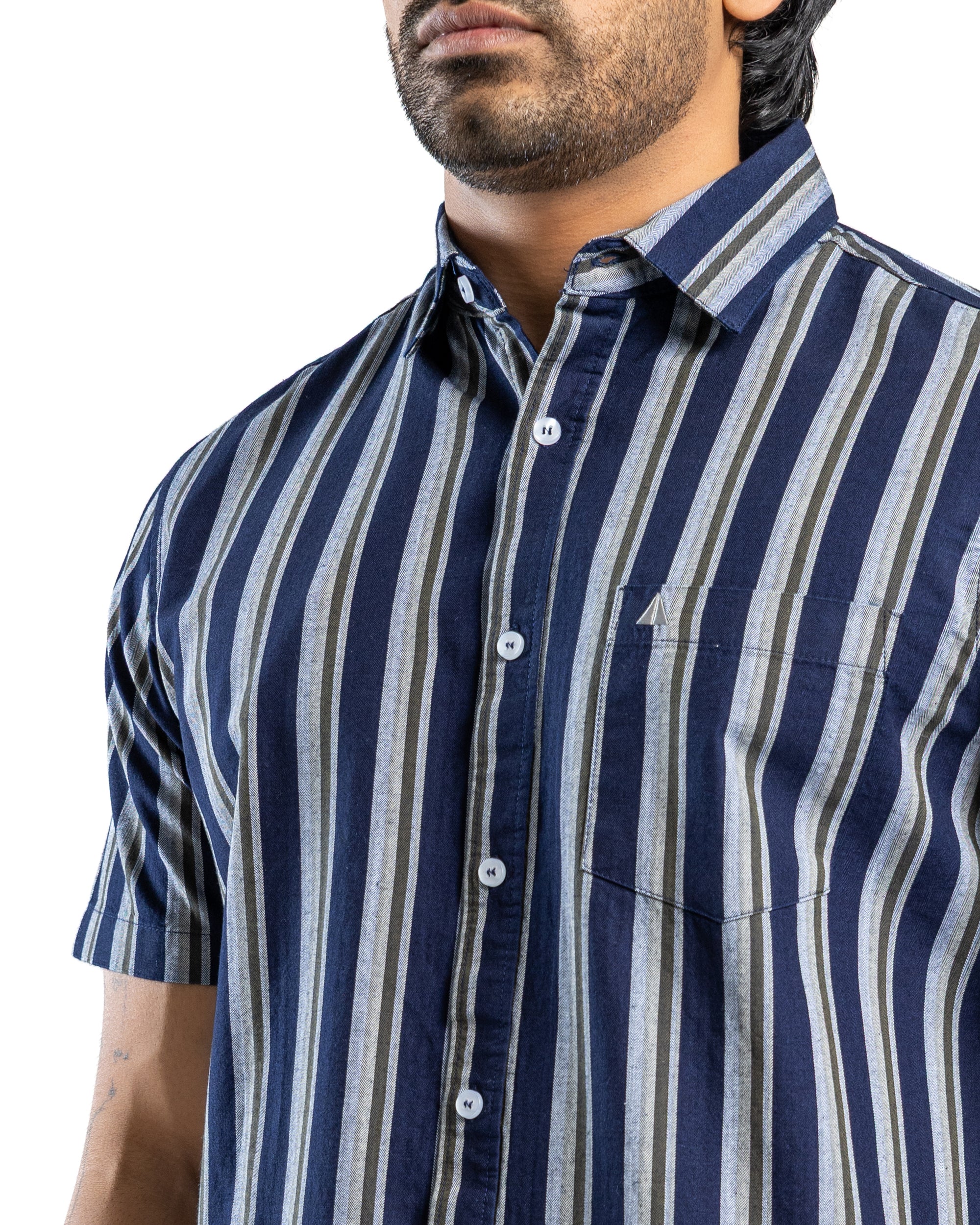 100% COTTON STRIPE Short Sleeve Shirt - Olive