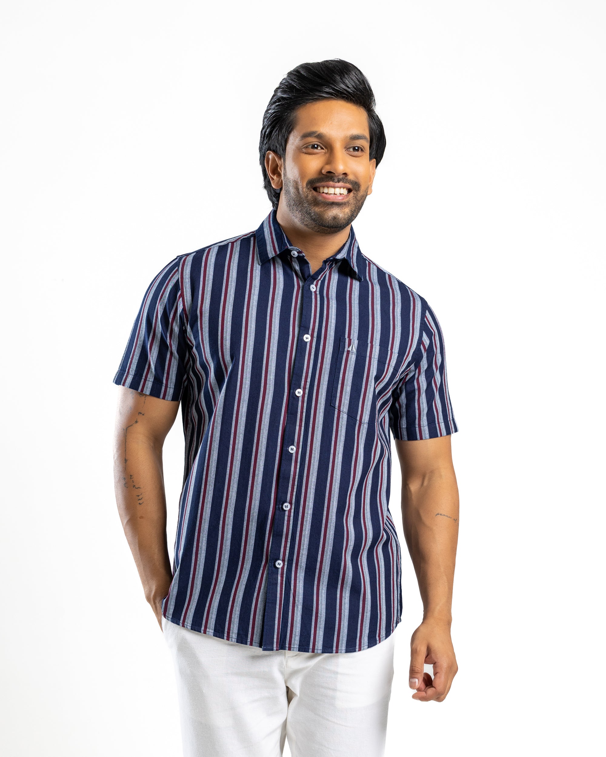 100% COTTON STRIPE Short Sleeve Shirt - Atlantic Blue